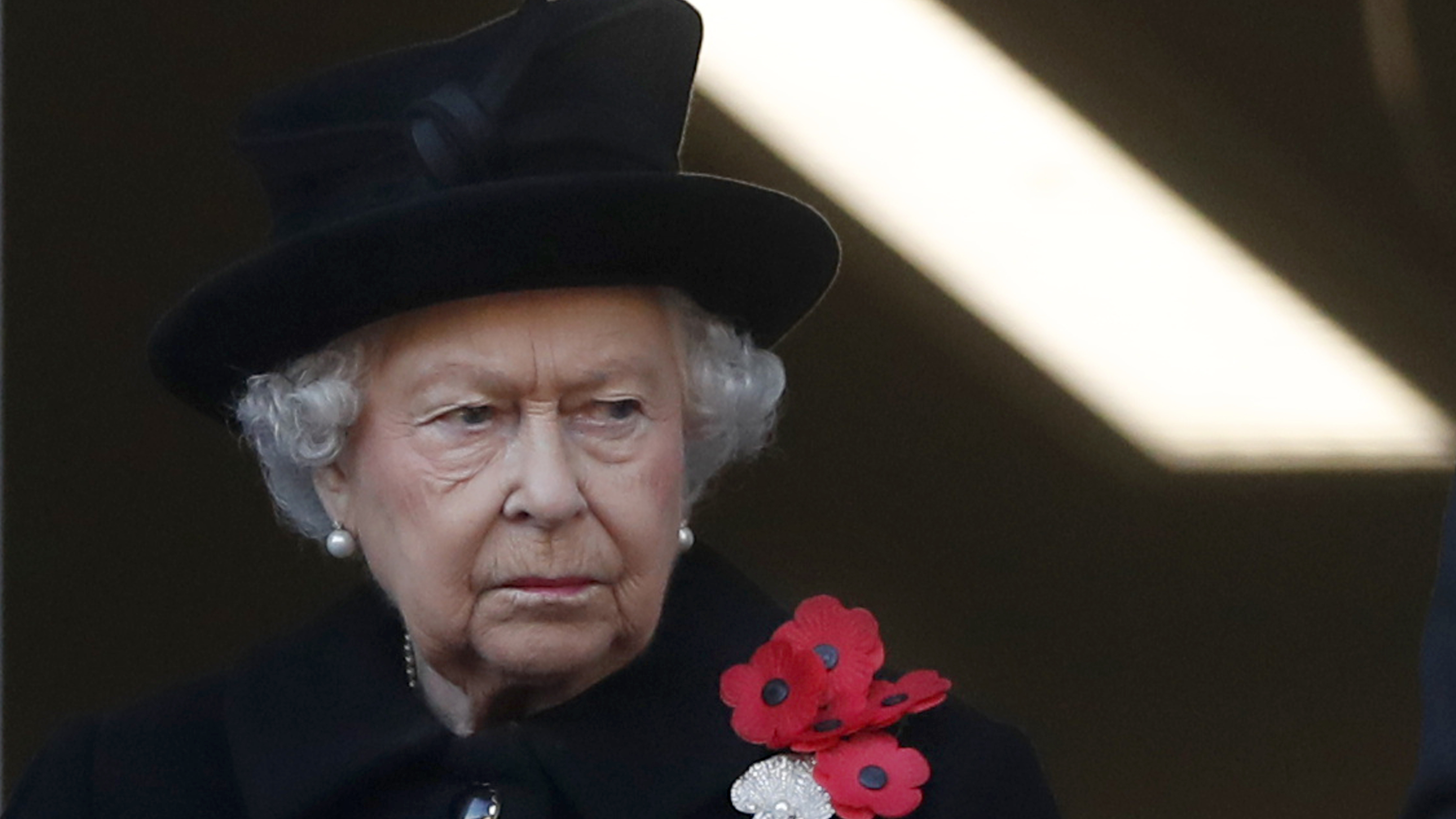 Queen Elizabeth II attends the Remembrance Sunday ceremony at the Cenotaph in London, on Nov. 11, 2018. Buckingham Palace says the queen has sprained her back and will not attend this year