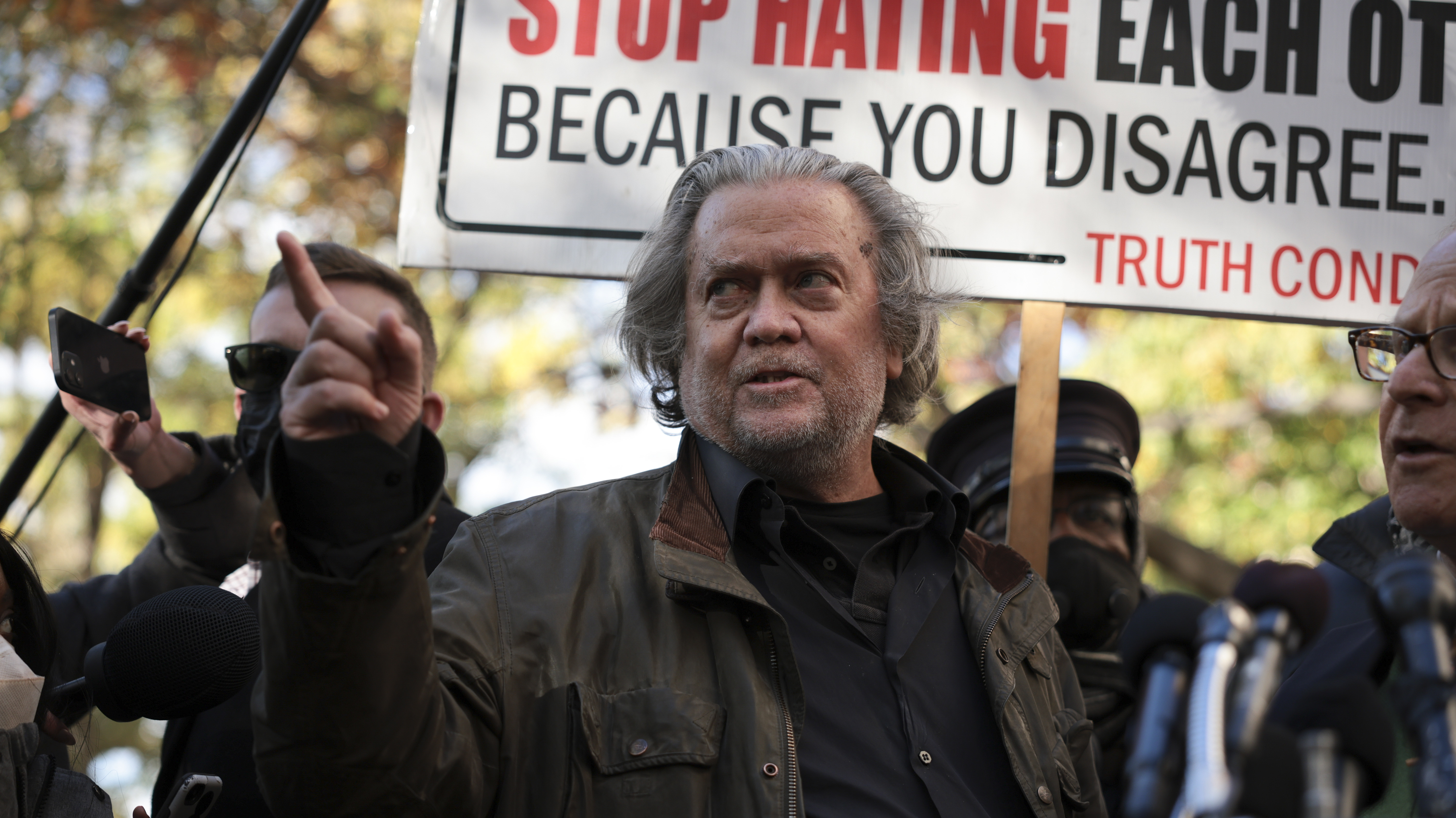 Steve Bannon speaks to reporters outside of the federal district courthouse in Washington, D.C., on Monday. Bannon was indicted last week on two counts of contempt of Congress. (Getty Images)