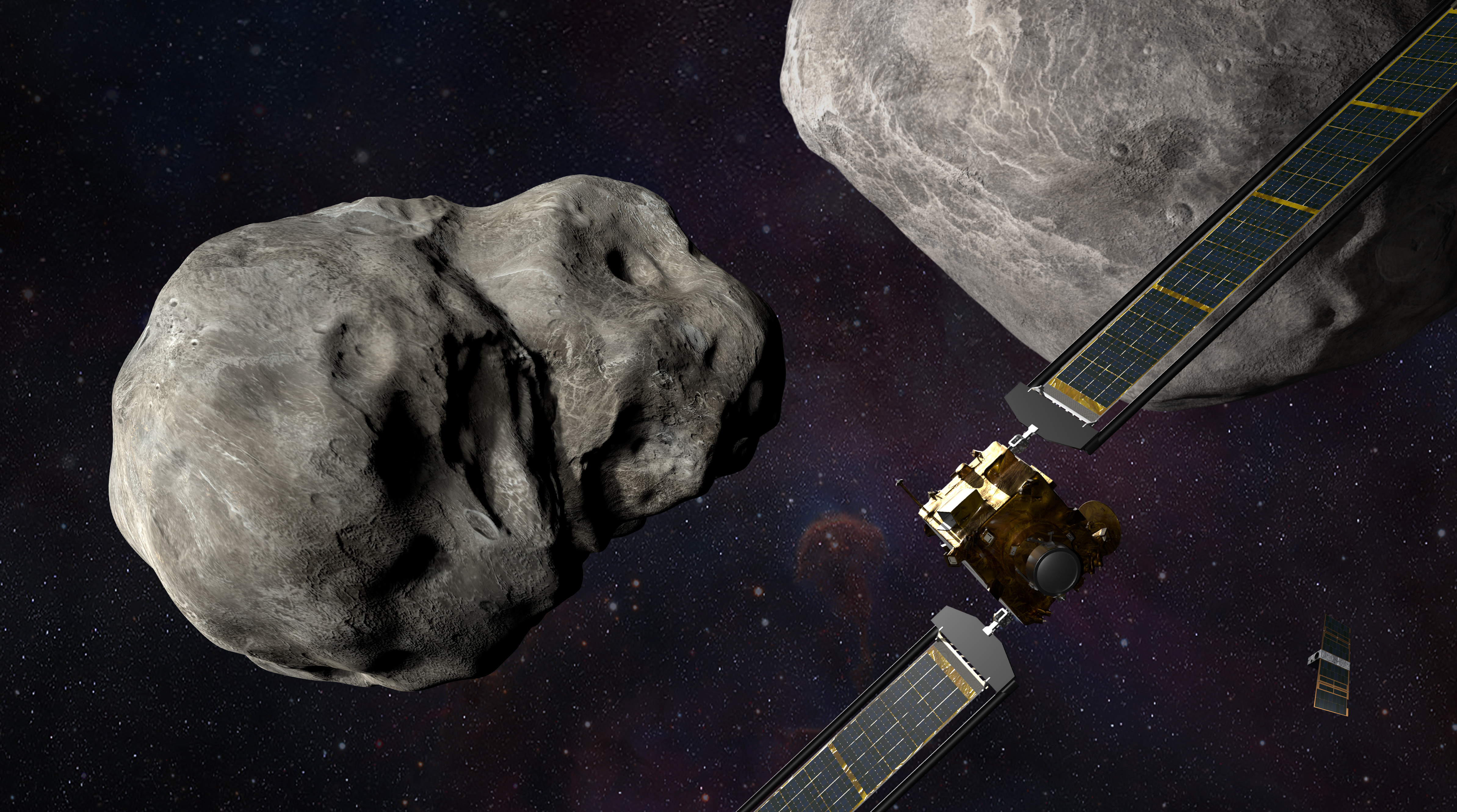 An illustration of the DART spacecraft approaching two asteroids; it will crash into the smaller one to try to change how this space rock orbits its larger companion. (NASA/Johns Hopkins APL/Steve Gribben)