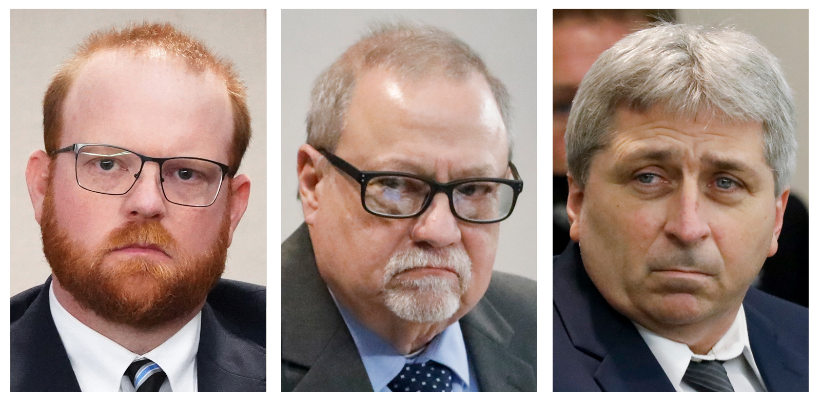 Travis McMichael (from left); his father, Gregory McMichael; and William &quot;Roddie&quot; Bryan have been on trial over the killing of Ahmaud Arbery, a Black man who was fatally shot while out for a run last year in Georgia. (Sean Rayford, Octavio Jones-Pool/ Getty Images)