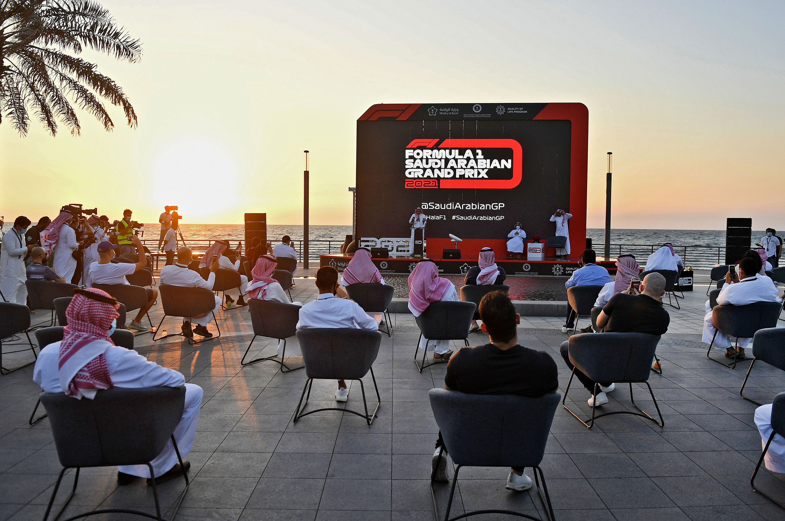 People attend a press conference to announce Saudi Arabian Grand Prix as part of the 2021 F1 calendar, in the Red Sea coastal city of Jiddah on Nov. 5, 2020. (AFP/Getty Images)