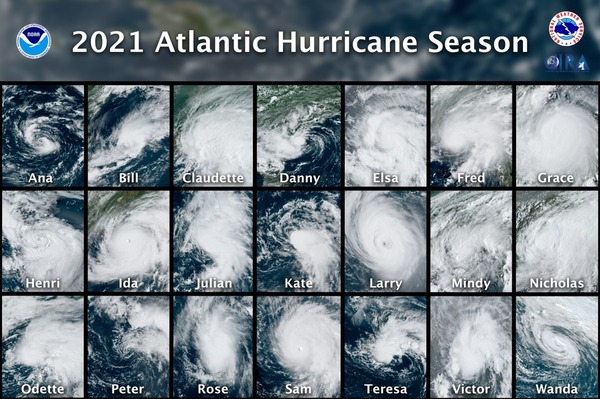 Year book: All 21 named storms from the busy 2021 Atlantic hurricane season are seen in a composite image from NOAA's GOES East satellite.