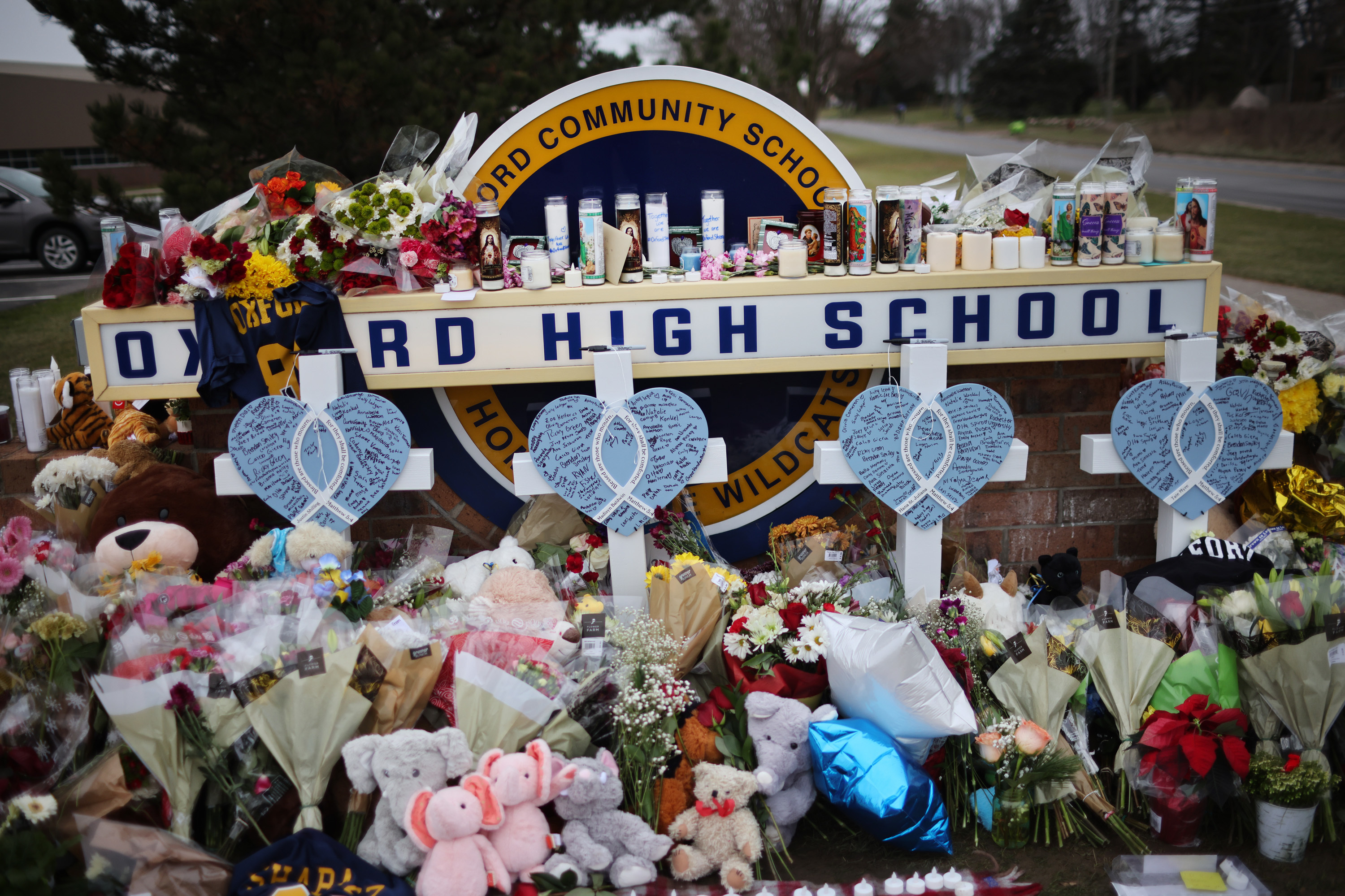 A memorial has been set up outside Oxford High School in Michigan, where four students were killed in a mass shooting Tuesday. (Getty Images)