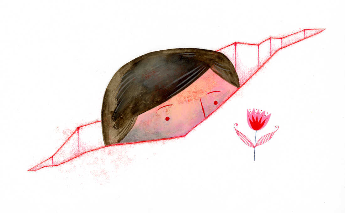 Illustration of a person stuck in a ravine, peeking their head up out of it and peering at a bright red tulip at eye level.