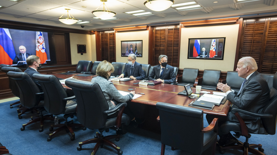 President Biden meets virtually with Russian President Vladimir Putin on Tuesday. (Adam Schultz/Adam Schultz/The White House via AP)