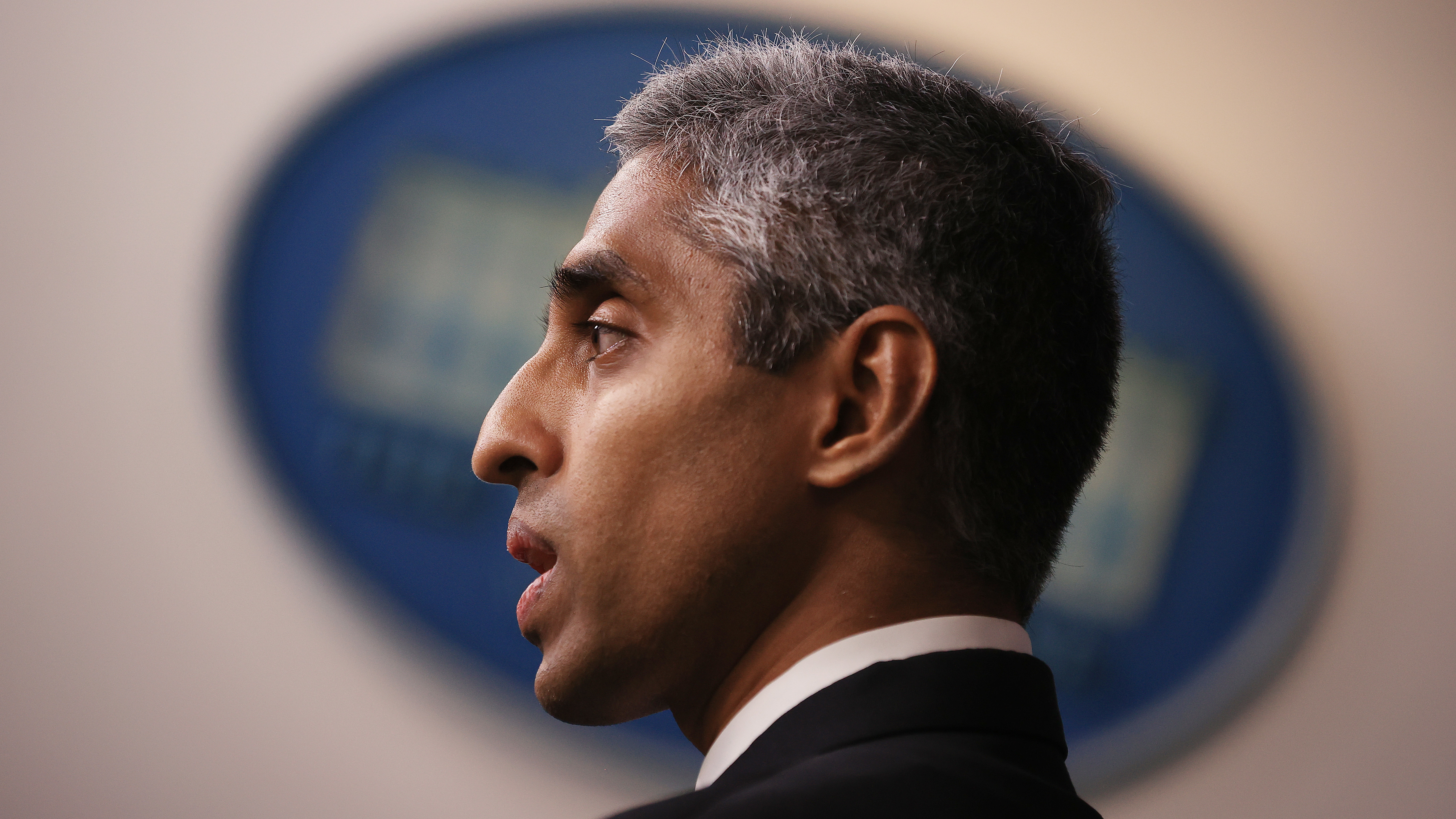 U.S. Surgeon General Vivek Murthy talks to reporters at the White House on July 15. (Getty Images)
