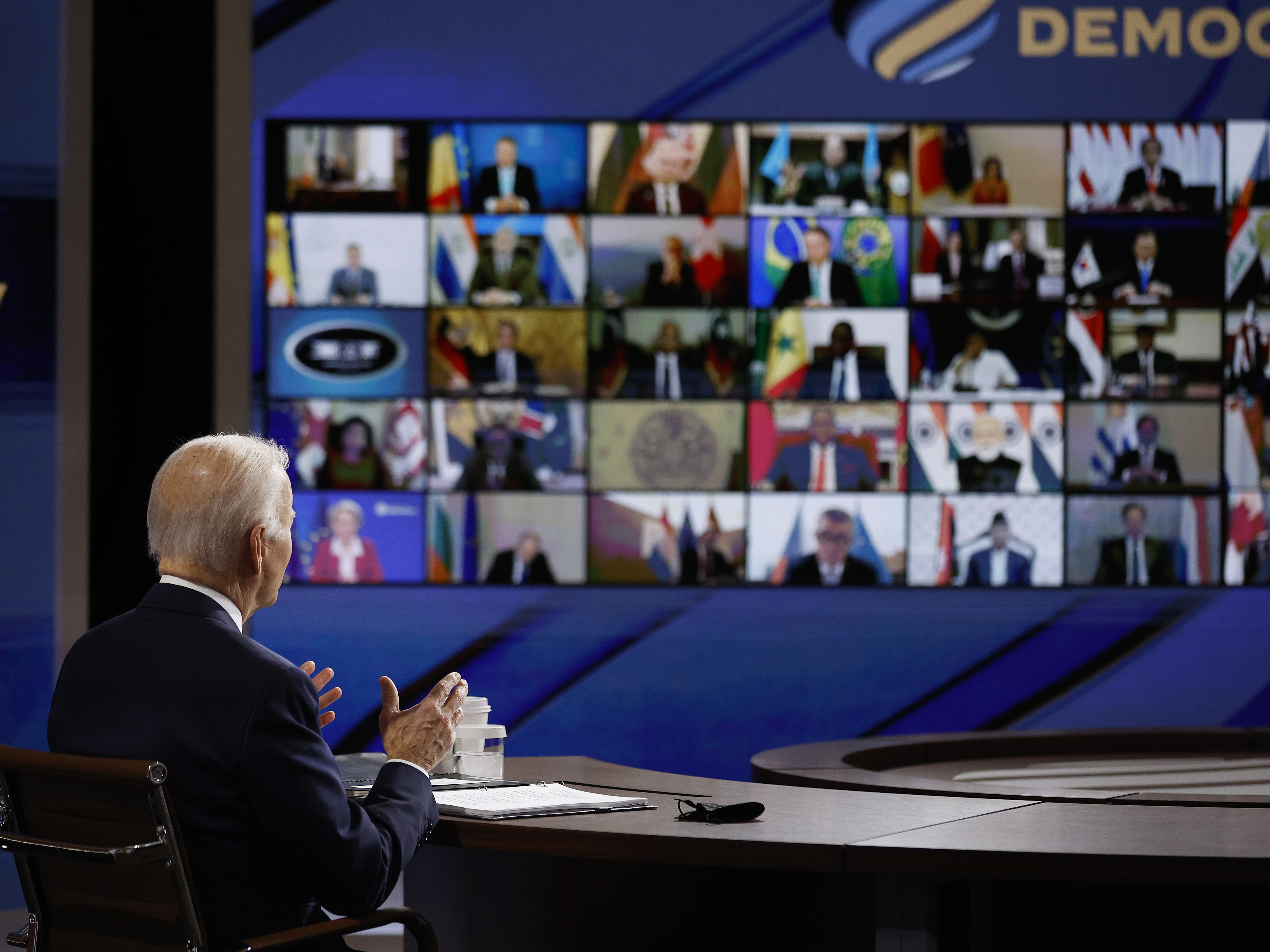 President Biden spoke to participants in the Summit for Democracy from a soundstage that the White House has set up for such virtual events. (Getty Images)