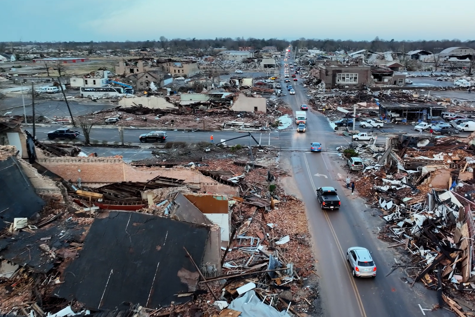 The aftermath of the recent tornado causing devastation in Mayfield, Kentucky.