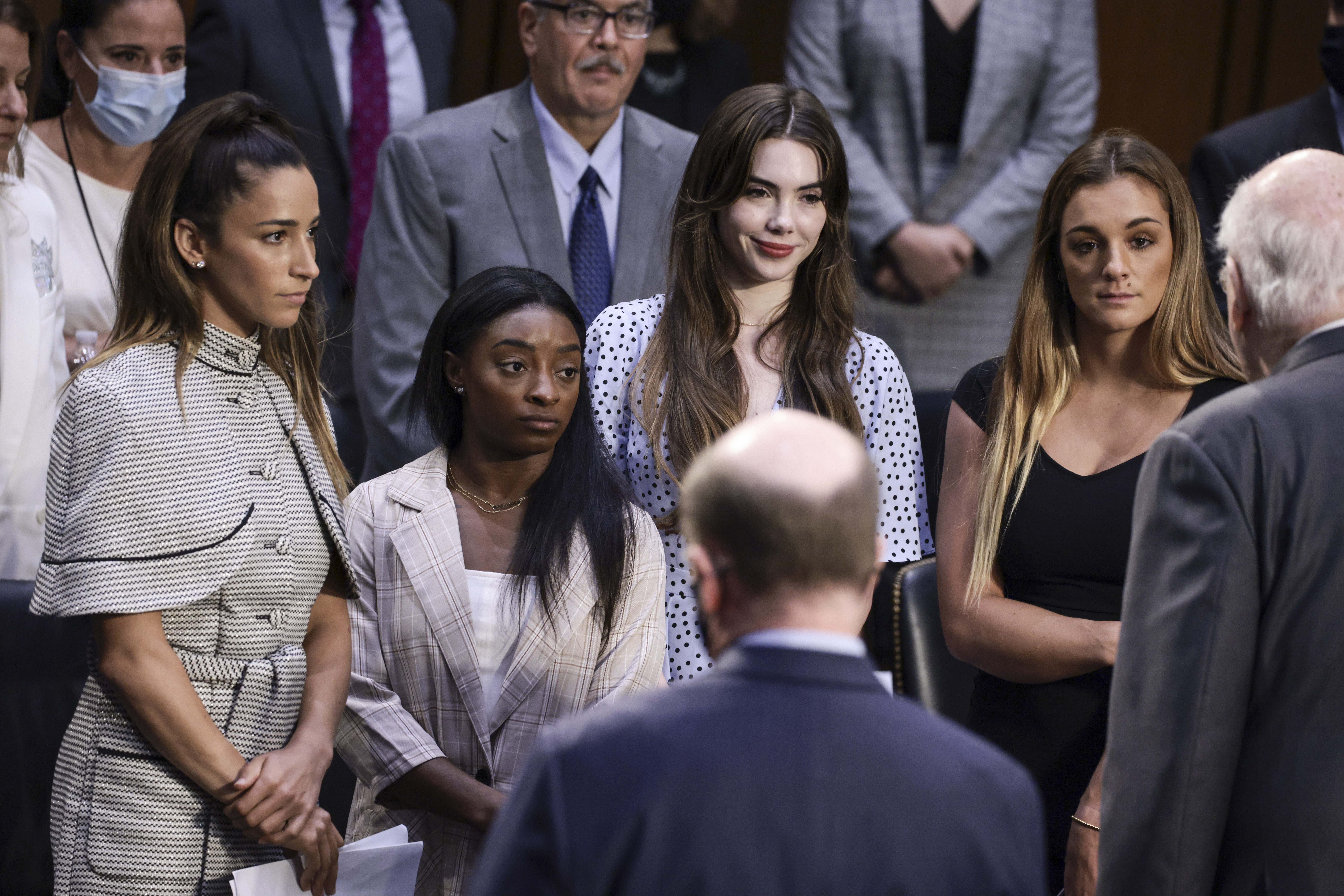 From left, U.S. Olympic gymnasts Aly Raisman, Simone Biles, McKayla Maroney and NCAA and world champion gymnast Maggie Nichols are shown after their testimony during a Senate Judiciary hearing on Sept. 15 about the FBI handling of the investigation of Larry Nassar's sexual abuse of gymnasts. (Getty Images)