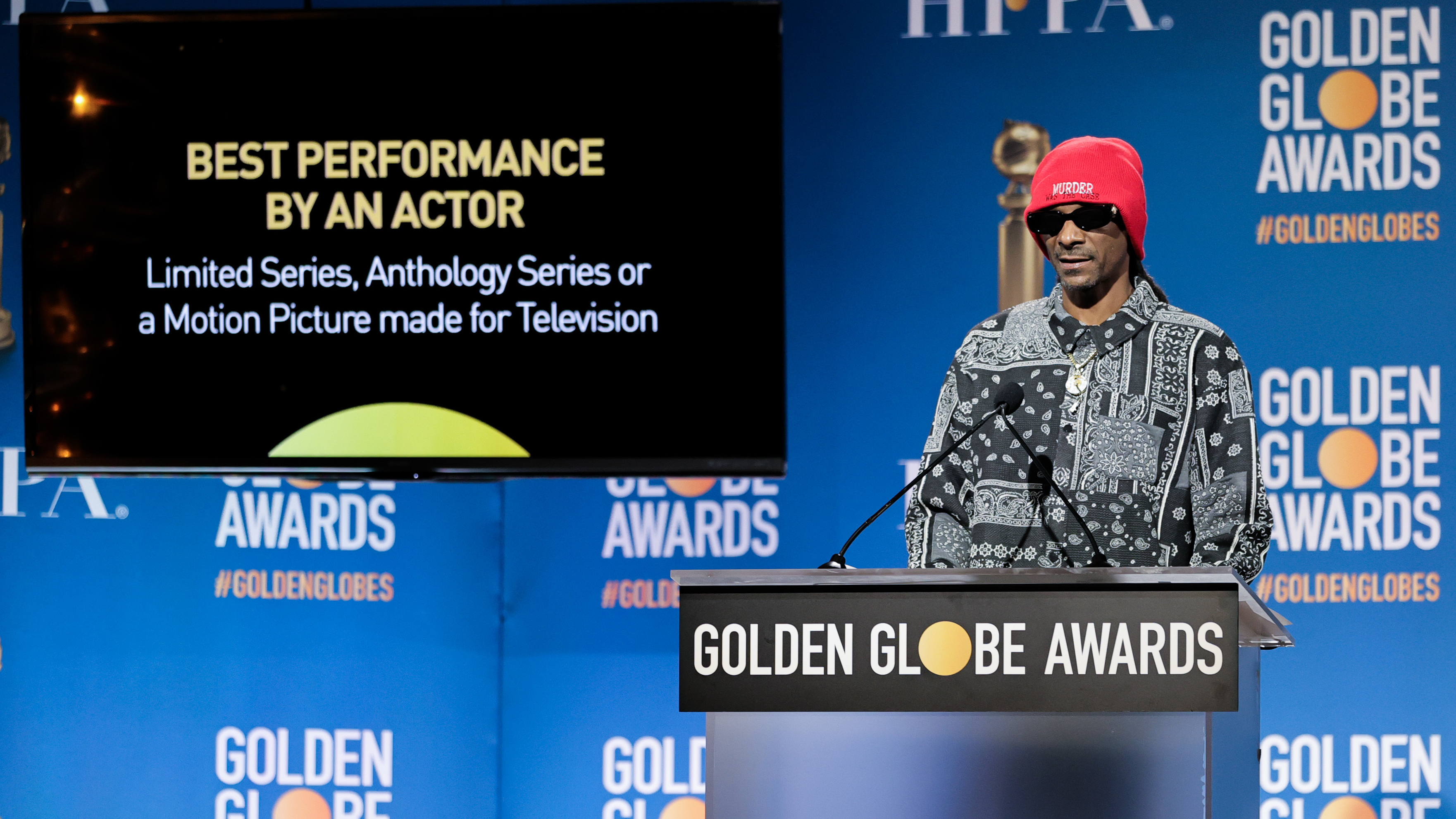 Snoop Dogg presents the nominees for Best Performance By An Actor during the 79th Annual Golden Globe Award nominations at The Beverly Hilton. (Getty Images)