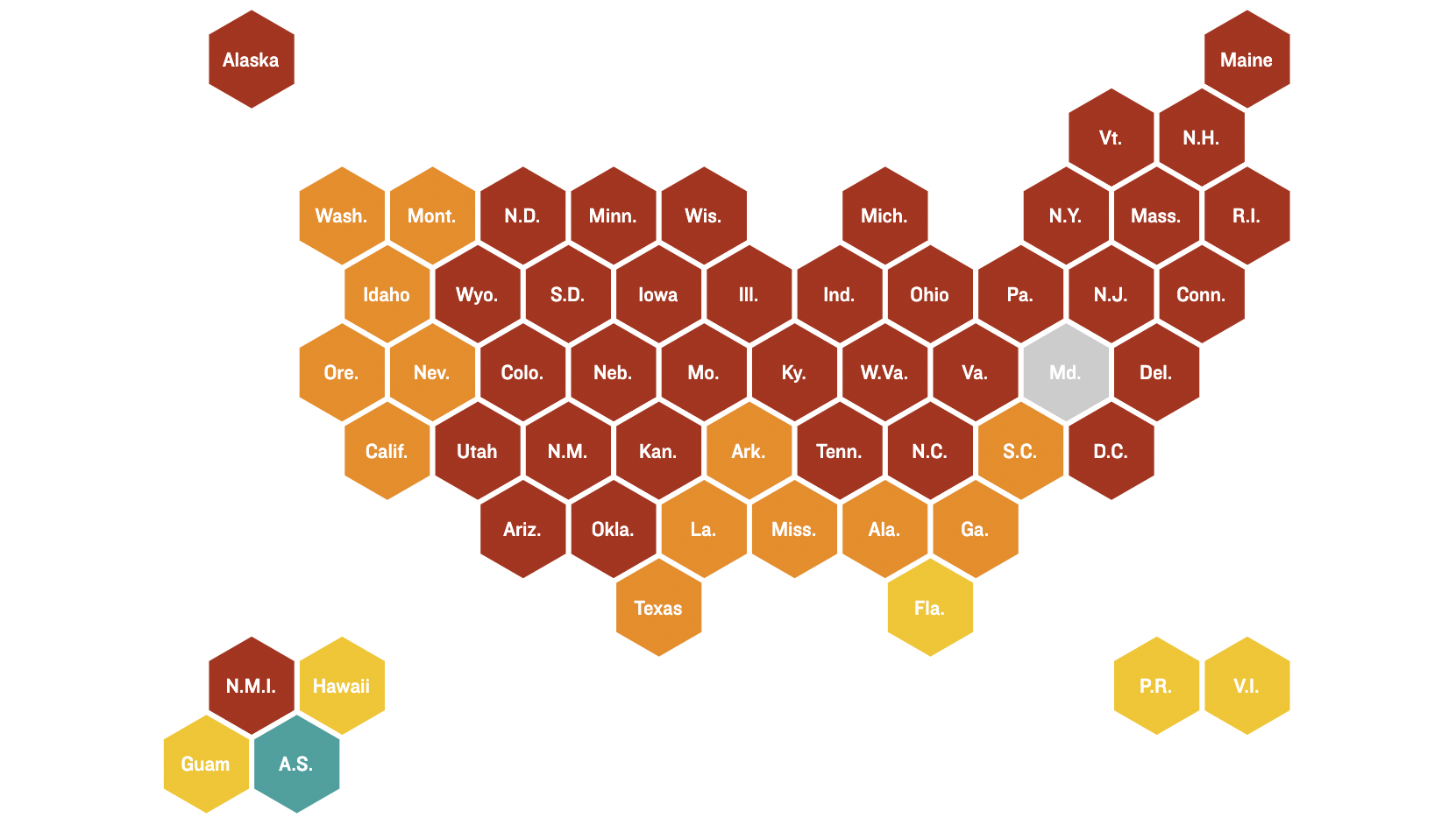 map of the 50 US states and 5 territories, where each is a hexagon, labeled with its abbreviation, with filled in color shading red orange yellow or green according to number of daily COVID-19 cases per 100,000 population as of 2021-12-13