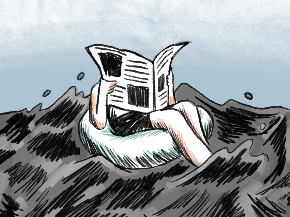 An illustration showing a person reading a newspaper while floating on an inner tube above black water.