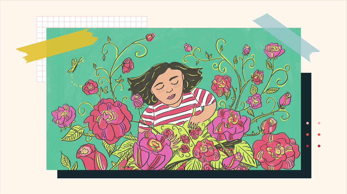 Illustration of a person drawing in a journal and the frame filling with flowers pouring out of her notebook.