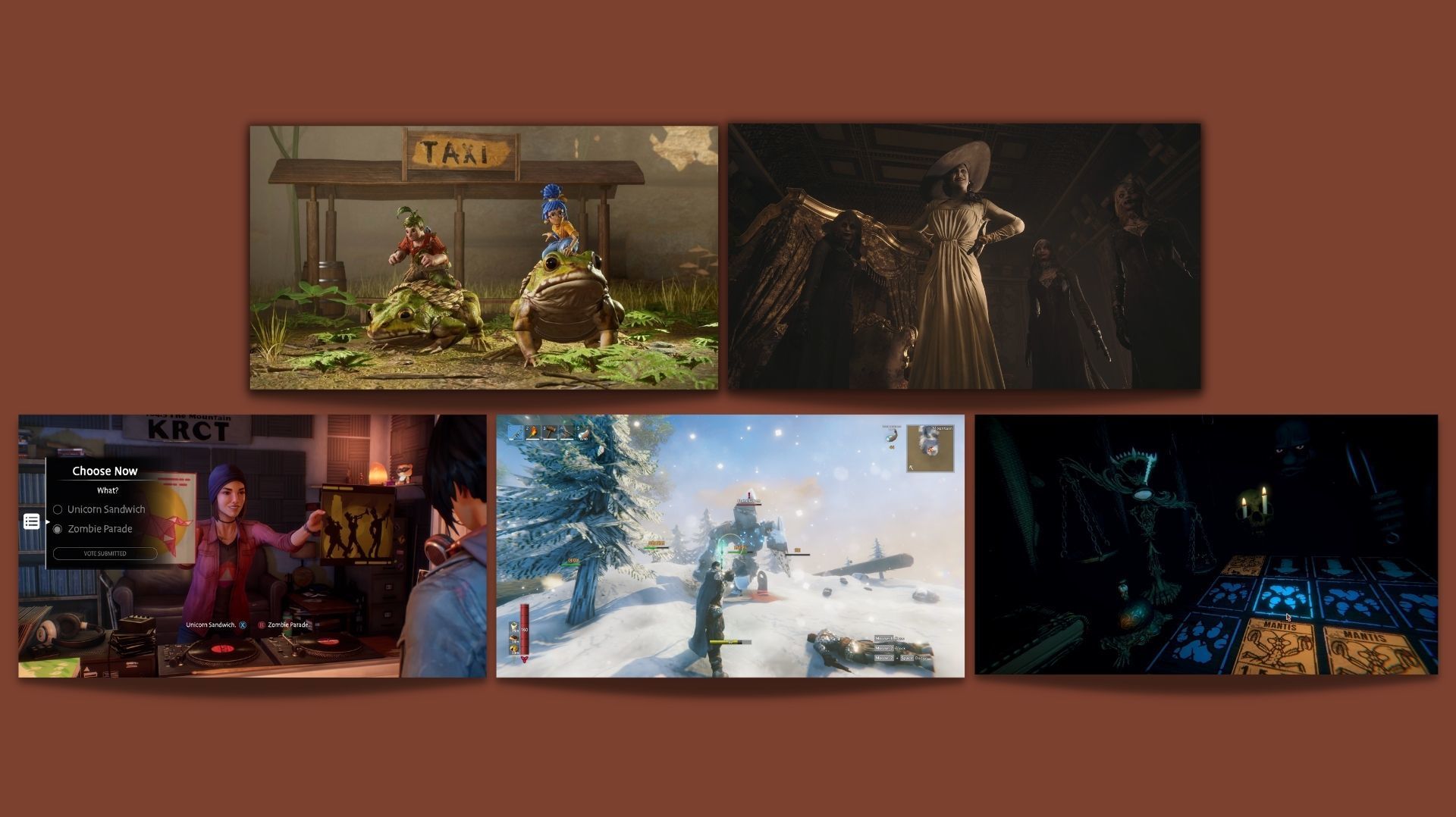 (Clockwise) It Takes Two, Resident Evil 8: Village, Life is Strange: True Colors, Valheim and Inscryption (NPR)
