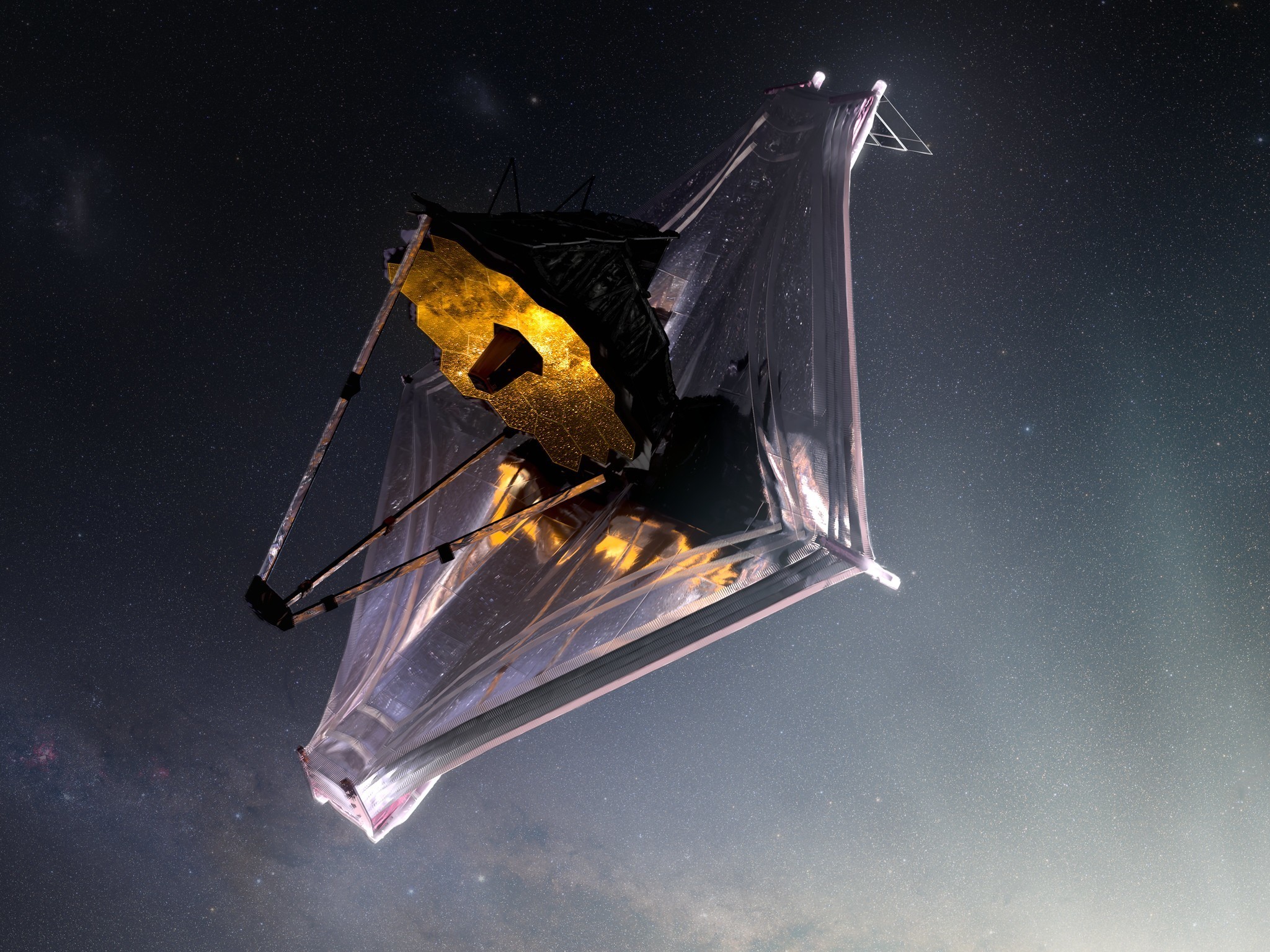 This is an artist's rendering of the James Webb Space Telescope. The kite-shaped sunshield is the largest component of the telescope. (NASA GSFC/CIL/Adriana Manrique Gutierrez)