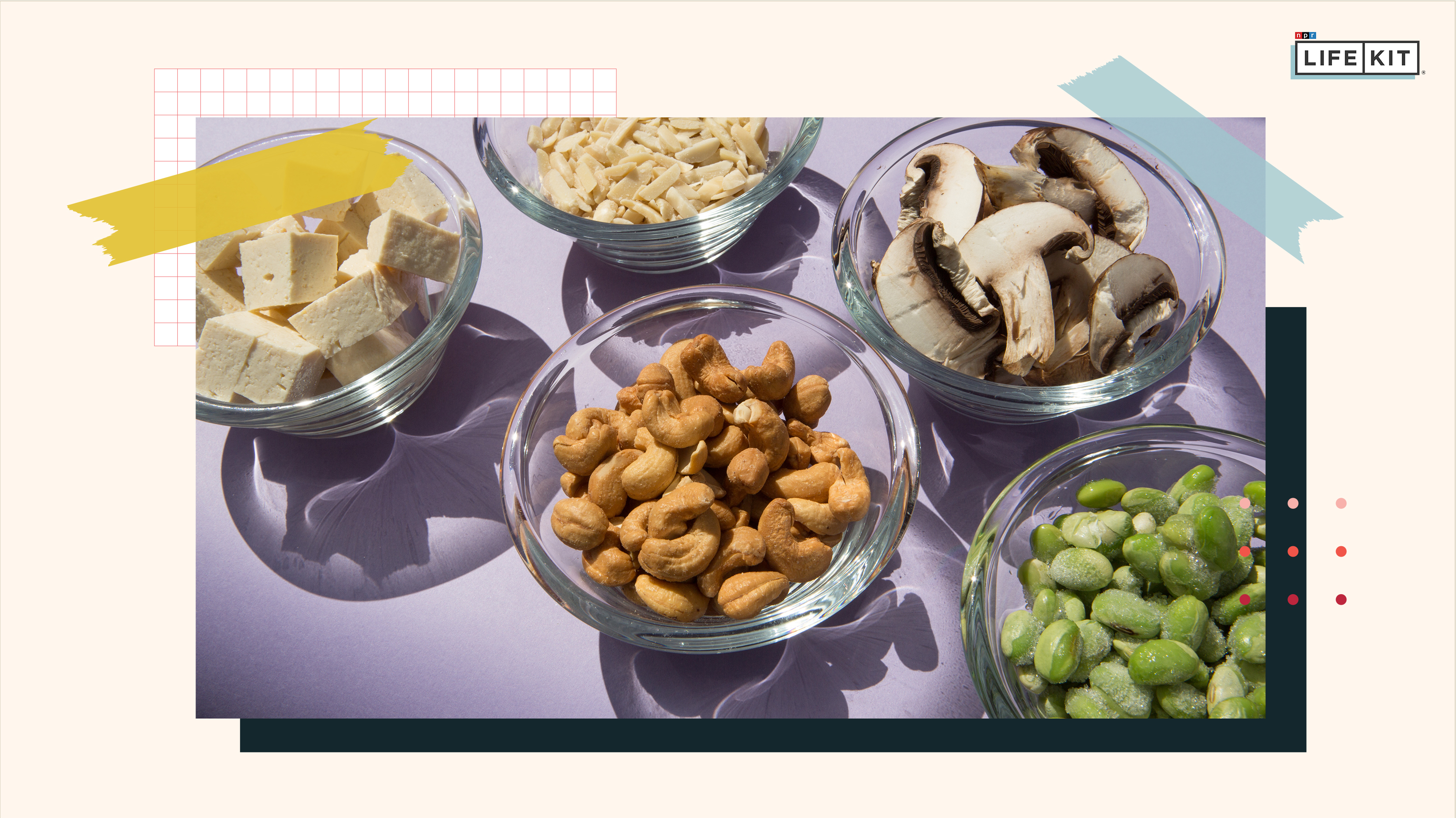 Image of clear glass bowls filled with almonds, cashews, edamame, mushrooms and tofu