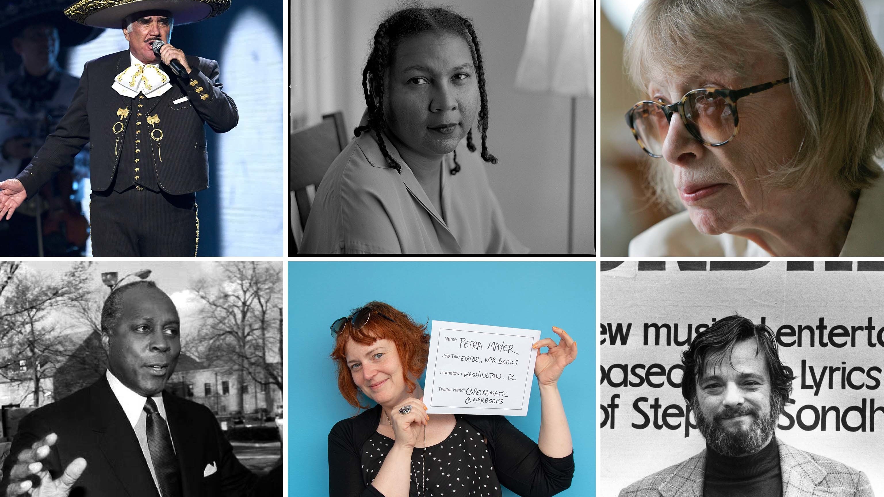 Top, from left: Vicente Fernández, bell hooks, Joan Didion; bottom, from left: Vernon Jordan, Petra Mayer and Stephen Sondheim