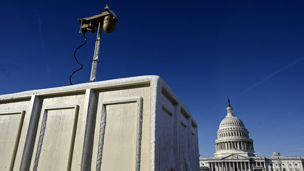 A podium is set up in front of the U.S. Capitol