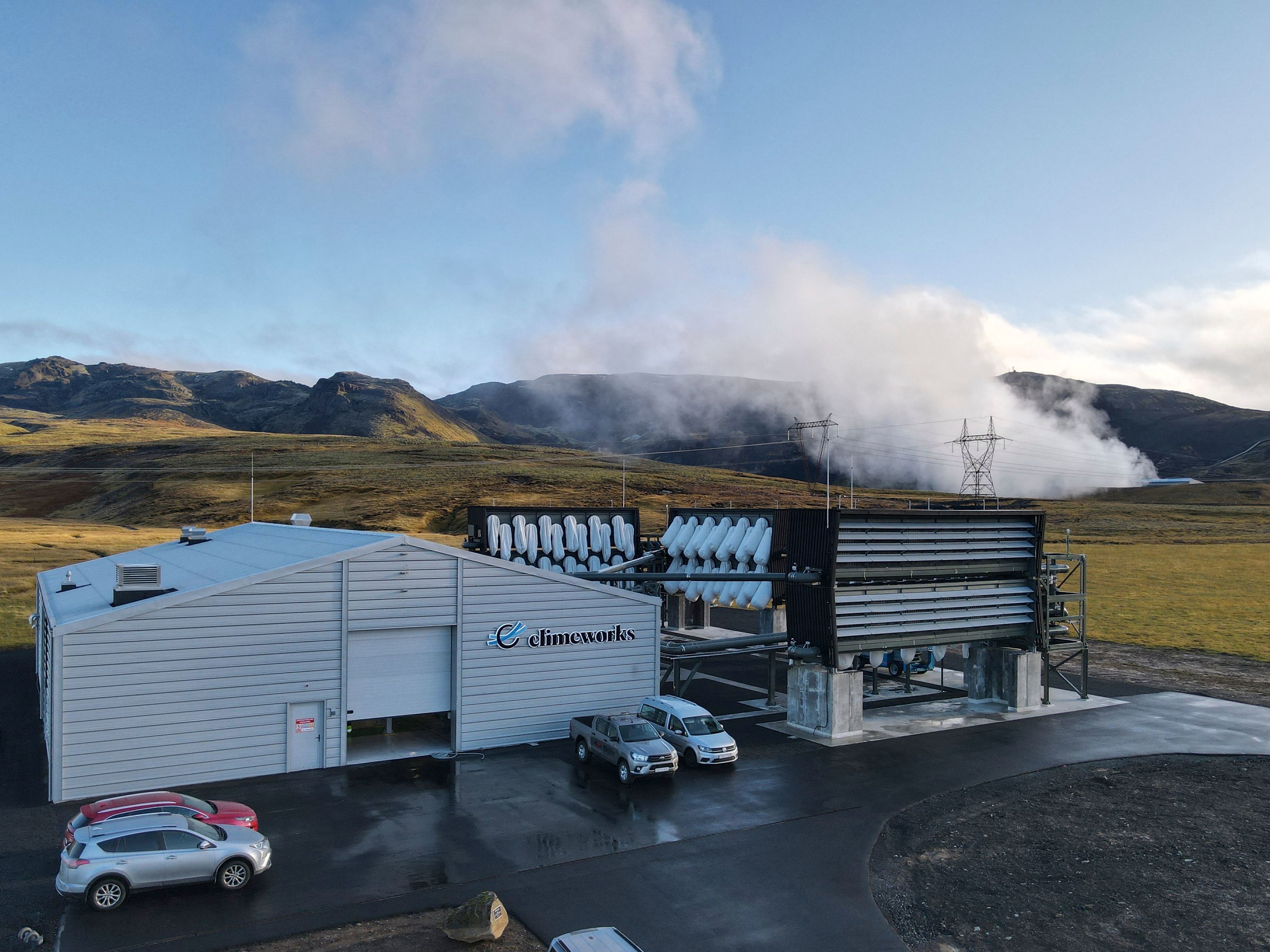 Climeworks factory with it's fans in front of the collector, drawing in ambient air and release it, as largely purified CO2 through ventilators at the back is seen at the Hellisheidi power plant near Reykjavik on October 11, 2021. (AFP via Getty Images)