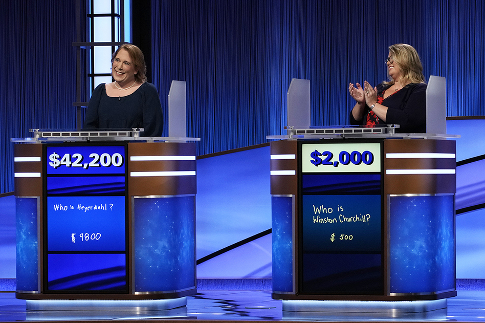 With her win Friday, Amy Schneider (left) became the first woman in <em>Jeopardy!</em> history to win more than $1 million. (Casey Durkin/Jeopardy Productions)