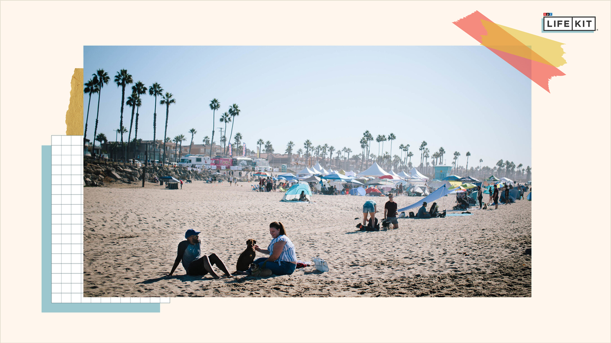 How to enjoy your weekend so you can start the week fresh : NPR Photo of people sitting on a blanket at the beach, surrounded by palm trees and enjoying the sunny day.