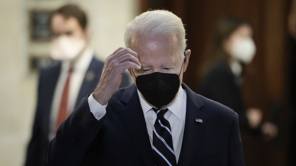 President Biden leaves a meeting with Senate Democrats on Capitol Hill on Thursday. (Drew Angerer/Getty Images)