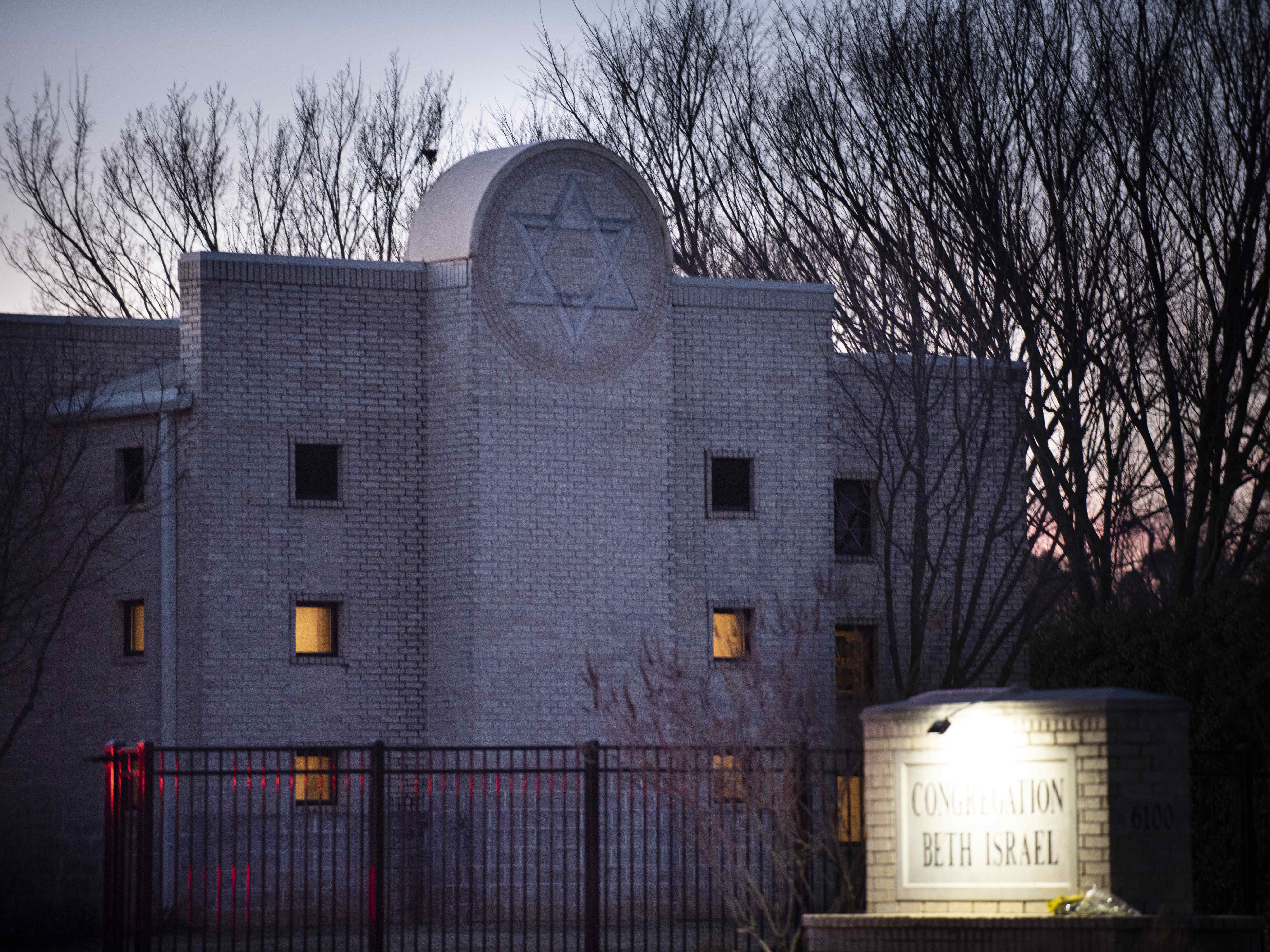 Congregation Beth Israel synagogue on Monday in Colleyville, Texas, where a 44-year-old British national held four people hostage for more than 10 hours over the weekend. (Getty Images)