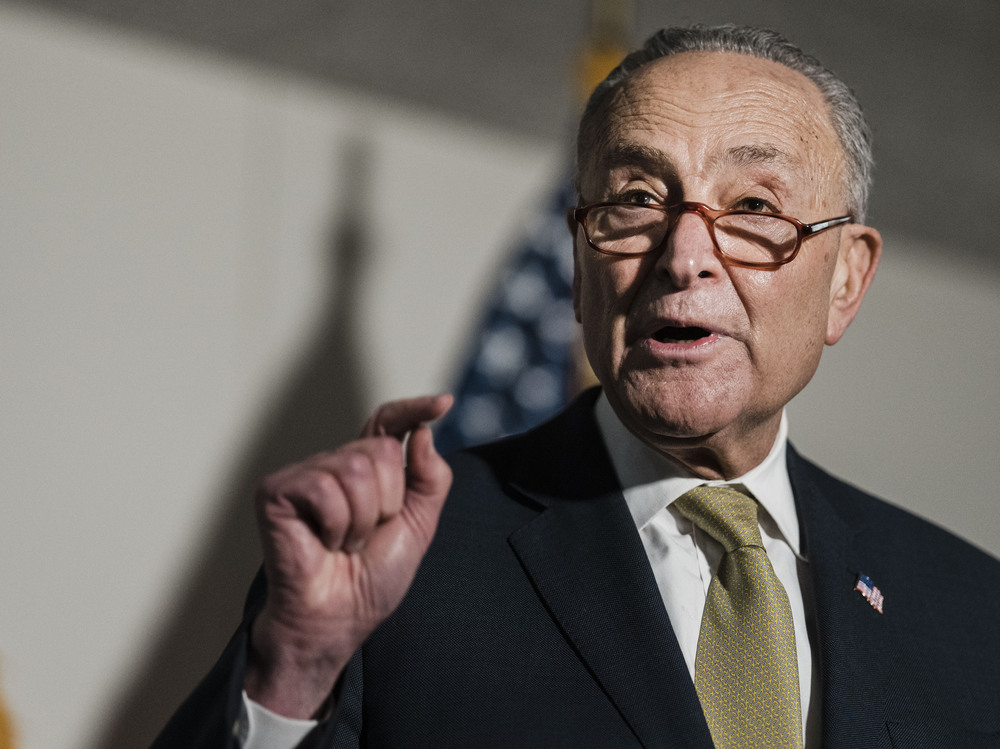 Senate Majority Leader Chuck Schumer, D-N.Y., speaks during a news conference Tuesday on Capitol Hill following a Senate Democratic Caucus meeting on voting rights and the filibuster. (Los Angeles Times via Getty Images)