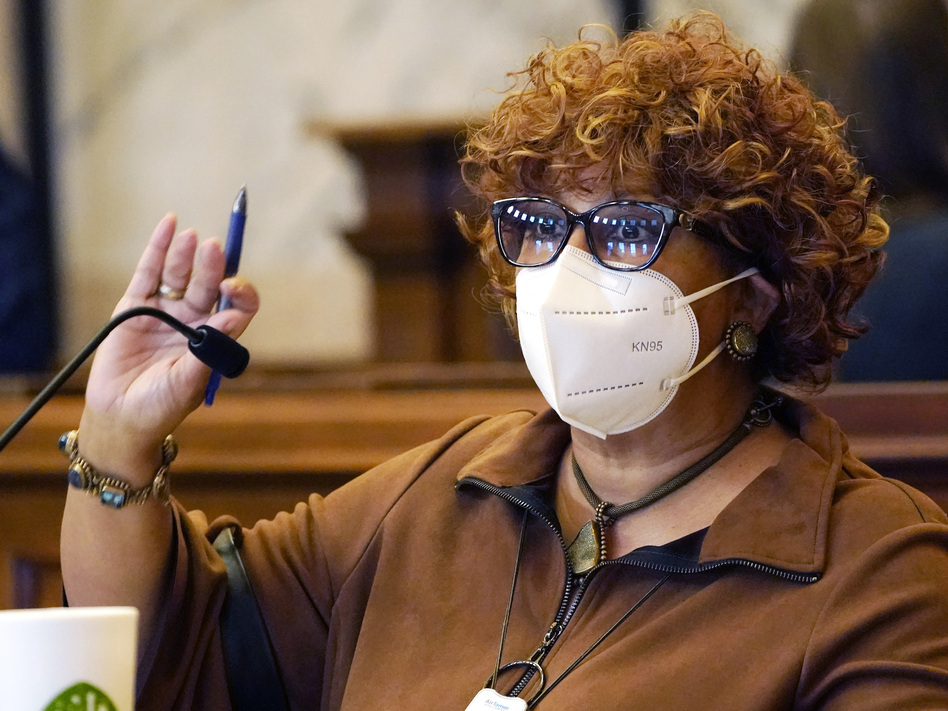 Sen. Barbara Blackmon, D-Canton, speaks at the well in the Mississippi Senate Chamber in Jackson on Thursday. Blackmon was among the Black lawmakers who walked out of the Senate Chamber in protest on Friday. (Rogelio V. Solis/AP)
