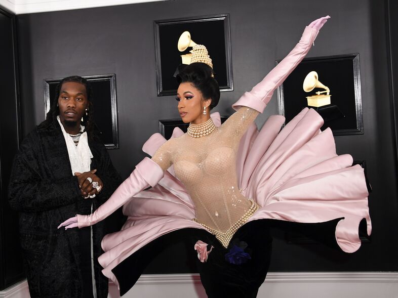 Rapper Cardi B wears a Thierry Mugler design as she arrives with rapper Offset at the Grammy Awards in 2019. (Valerie Macon/AFP via Getty Images)