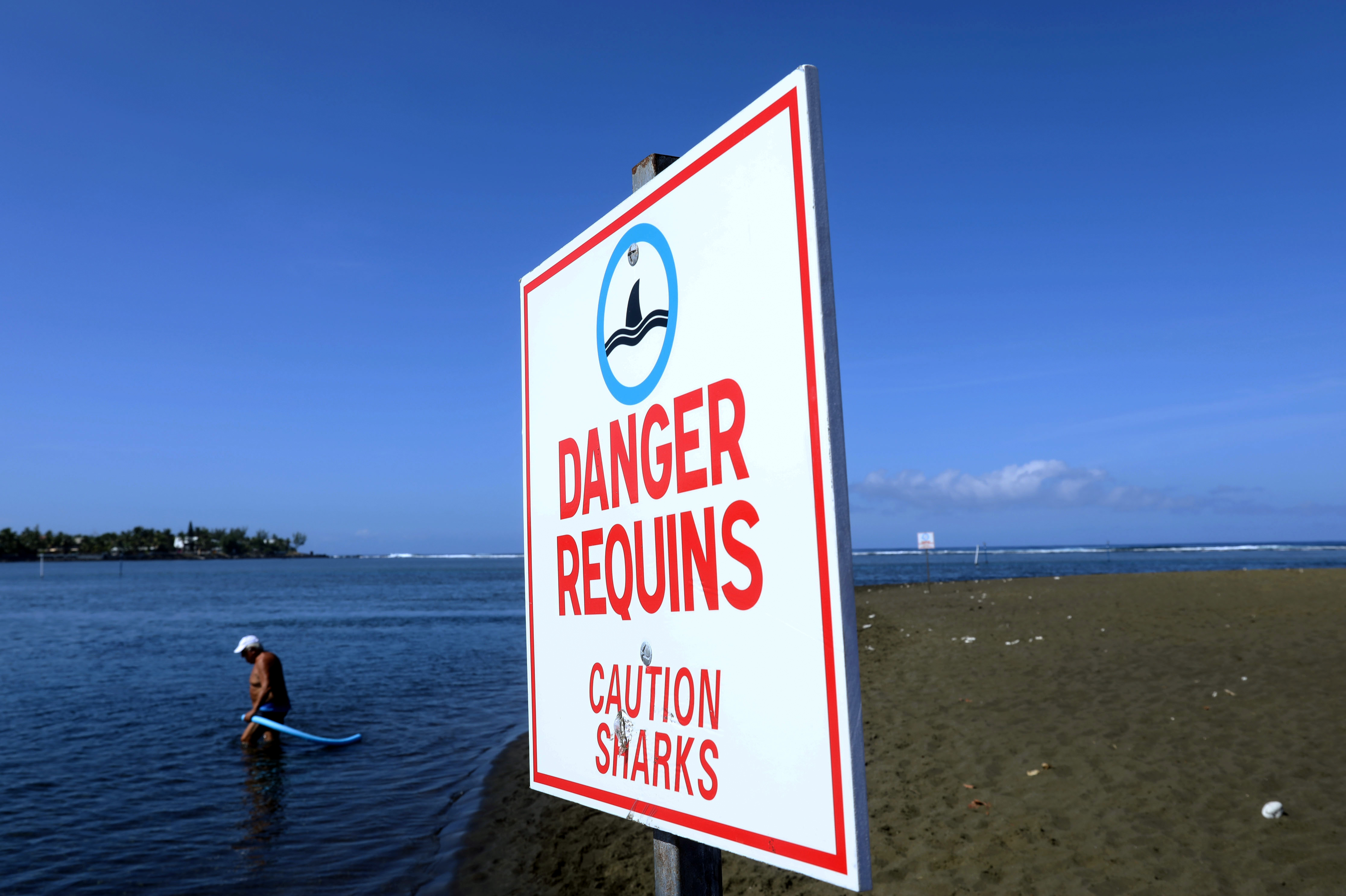 A man enters the water next to a sign warning on the danger of shark attacks at the L'Etang-Salé beach, on the Indian Ocean island of La Réunion in 2019. (AFP via Getty Images)