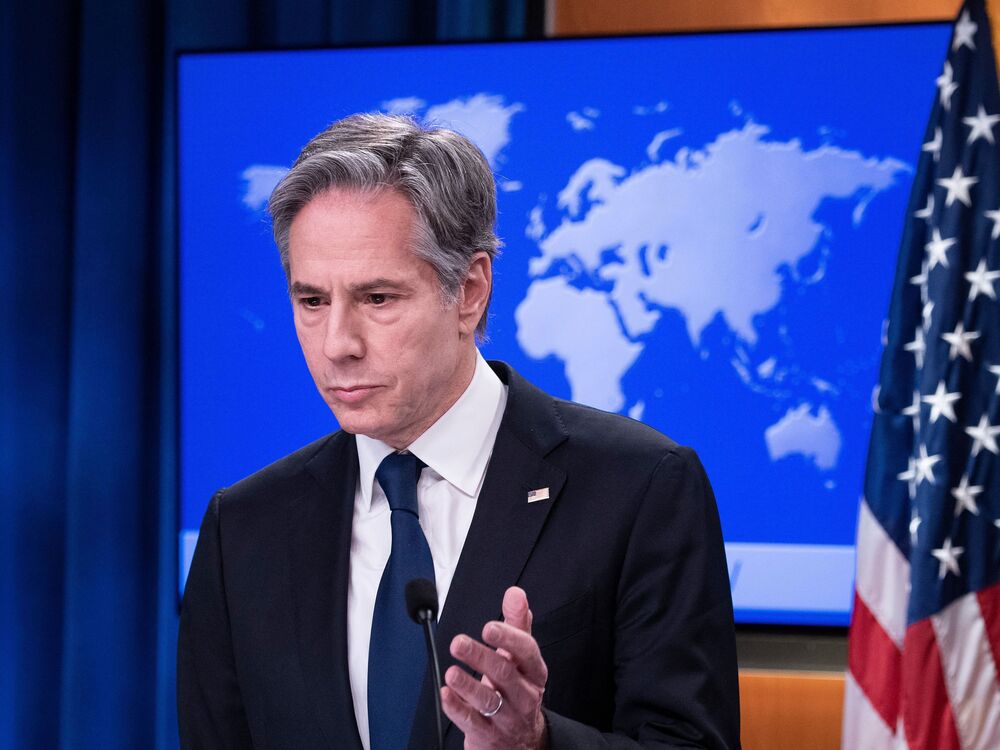 U.S. Secretary of State Antony Blinken speaks about Russia and Ukraine during a briefing at the State Department in Washington, D.C., on Wednesday. (POOL/AFP via Getty Images)