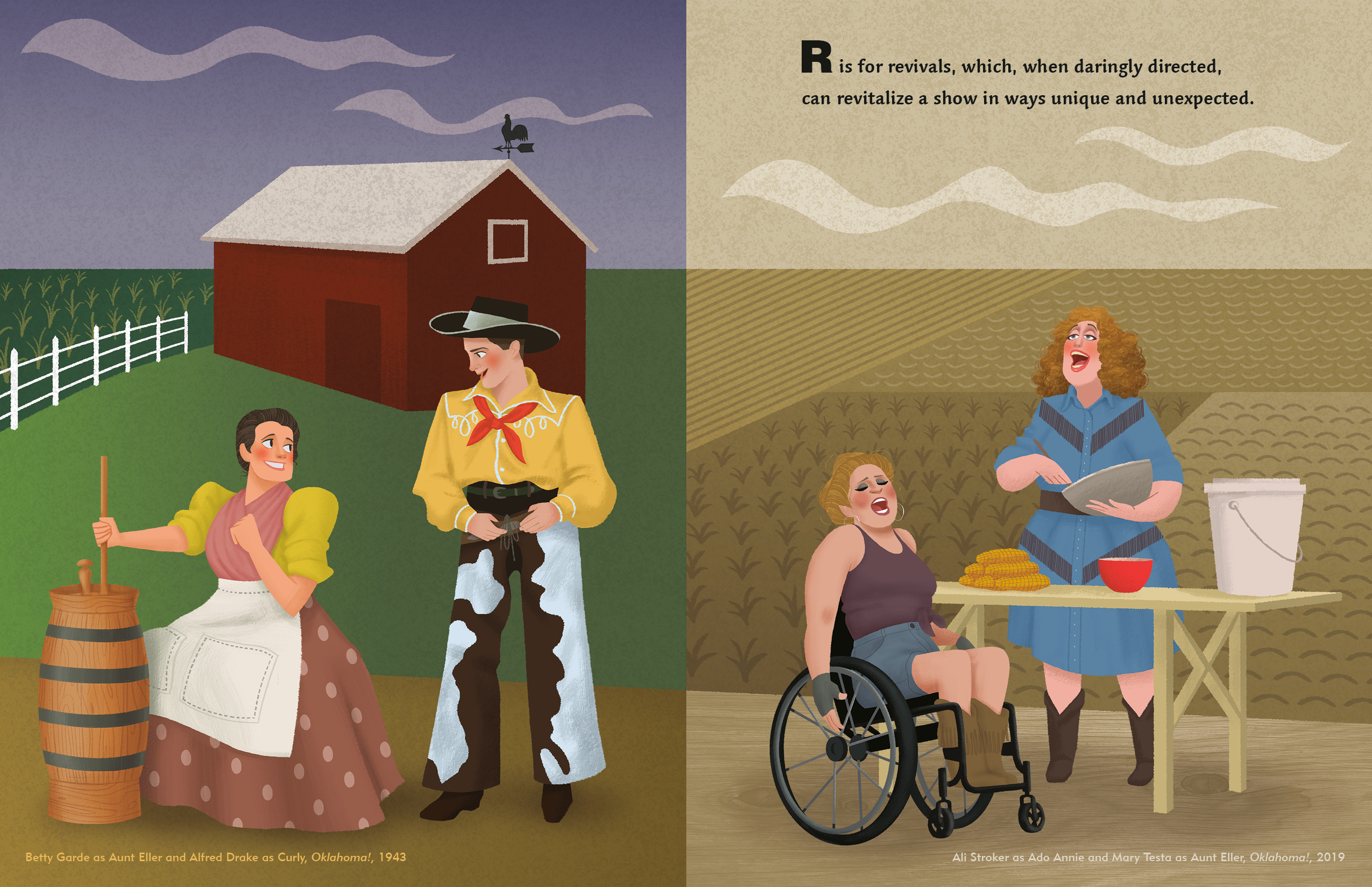 Emmerich wanted to depict Broadway actors in an accurate, loving way, including these illustrations of the actors in different productions of Oklahoma. On one side, there's the 1943 production with Betty Garde as Aunt Eller and Alfred Drake as Curly. On the right, there's Ali Stroker as Ado Annie and Mary Tester as Aunt Eller in the 2019 revival.