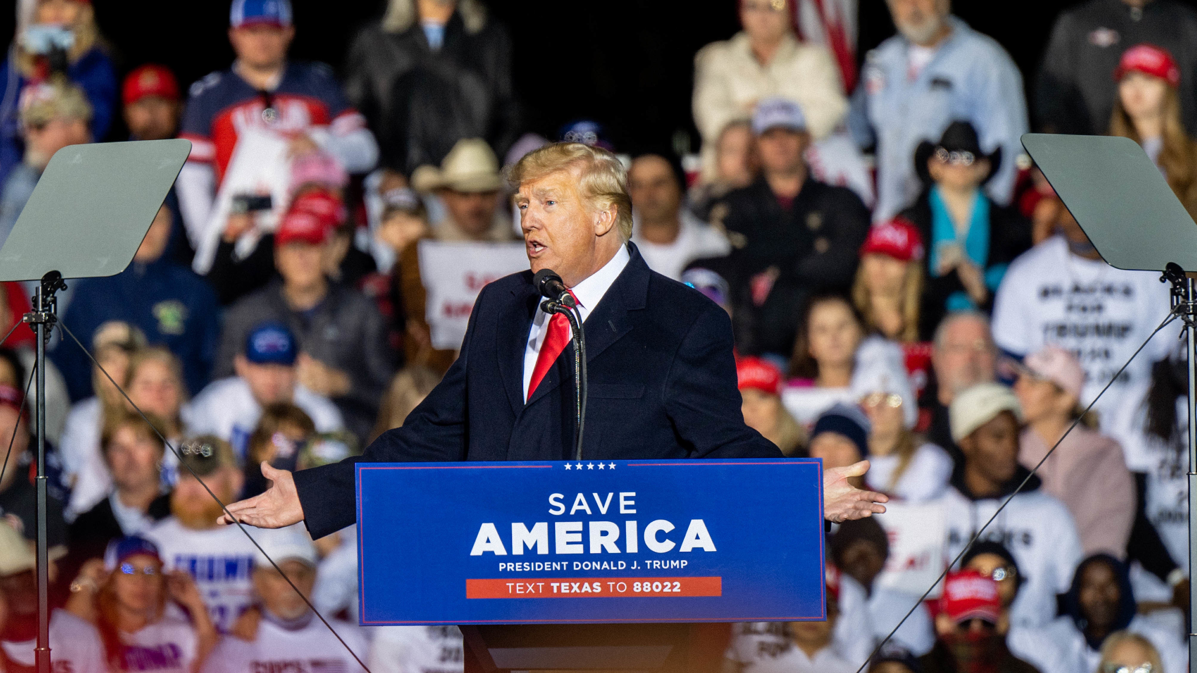 Former President Donald Trump speaks during a rally at the Montgomery County Fairgrounds in Conroe, Texas, on Saturday. (Getty Images)