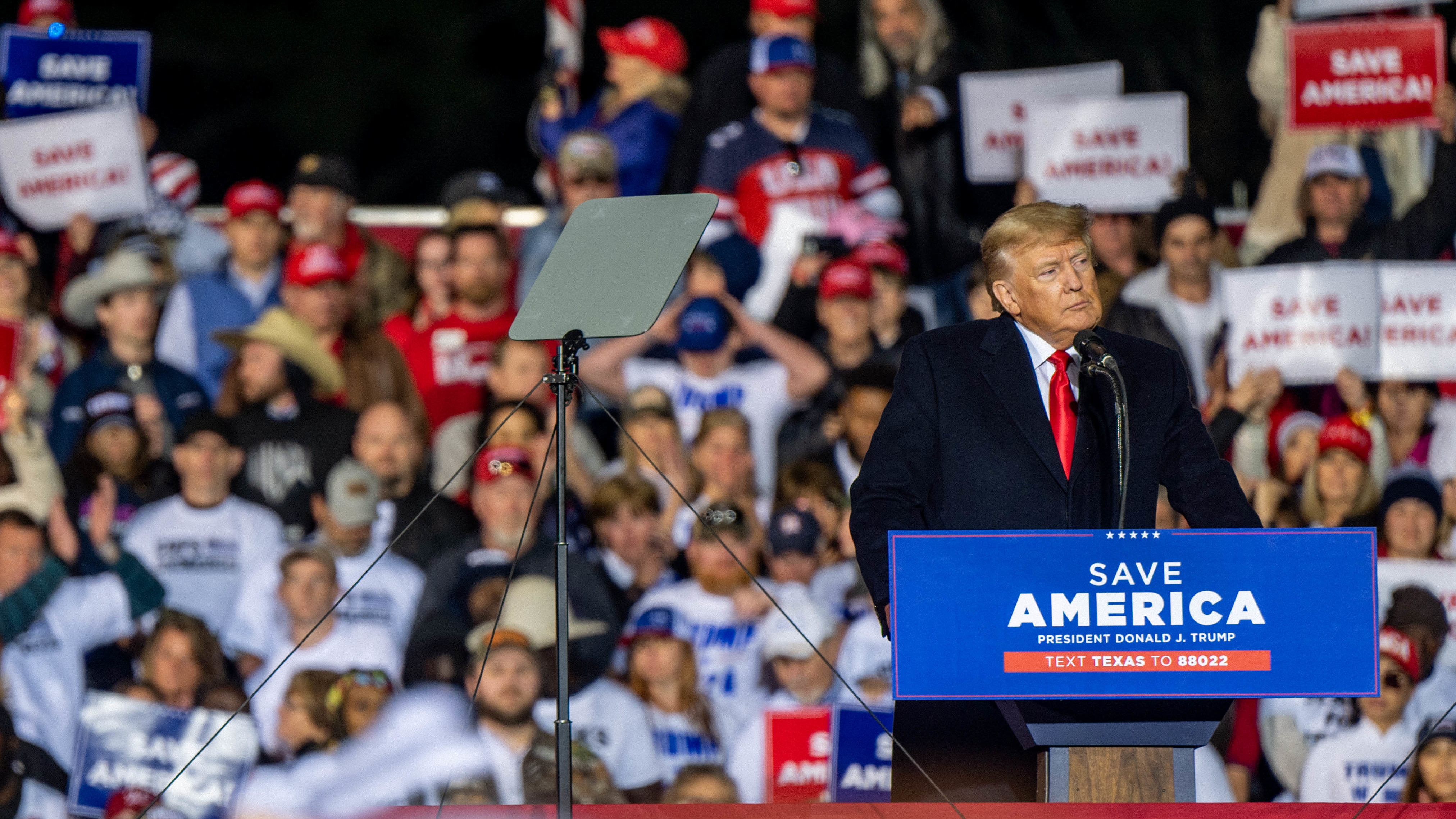 Former President Donald Trump speaks during a rally at the Montgomery County Fairgrounds in Conroe, Texas, on Saturday. (Getty Images)