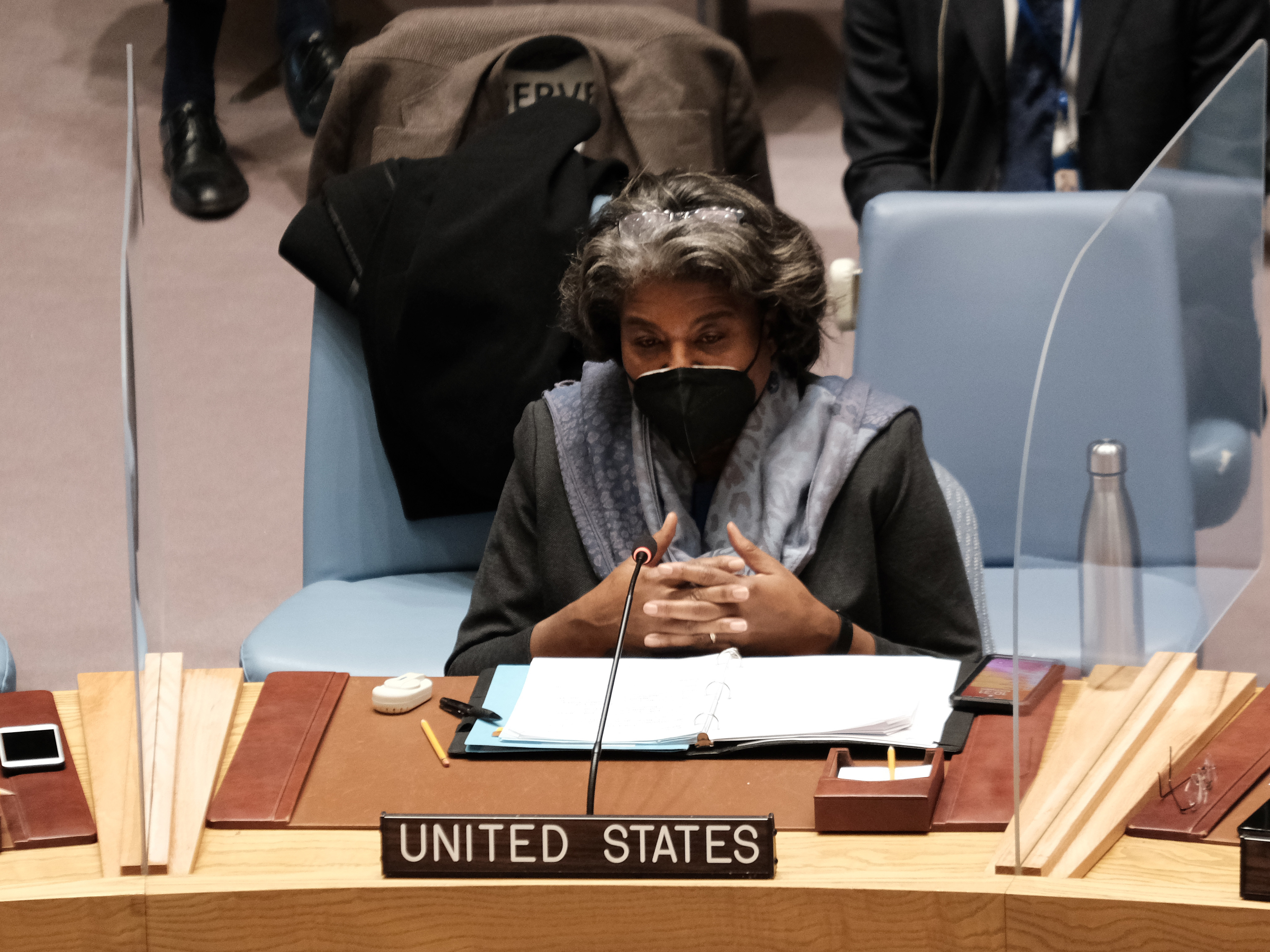 U.S. Ambassador to the United Nations Linda Thomas-Greenfield speaks at a United Nations Security Council meeting to discuss the situation between Russia and Ukraine on Monday. (Getty Images)