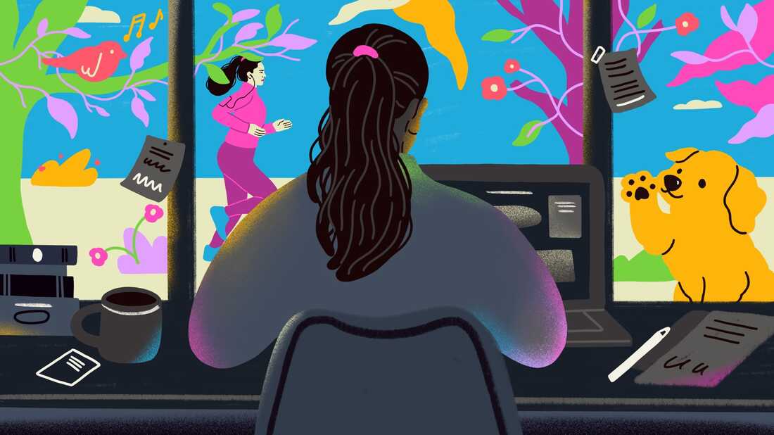 Illustration of a woman, pictured from behind, working at a desk. Her desk setup is in black and white, desaturated from color. Beyond her desk is a large window that she looks out of over her laptop. The world outside is in Technicolor, alive with animals and activity. The image represents the idea that you can find passion and purpose outside your job.