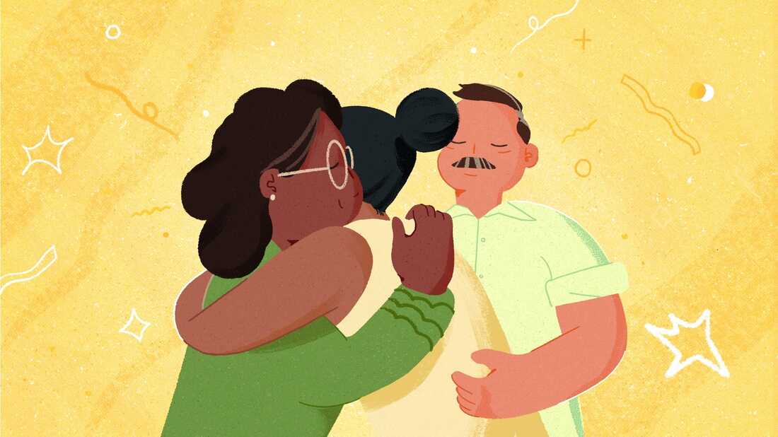 Illustration of a Latinx young adult hugging their parents after having a conversation about mental health.