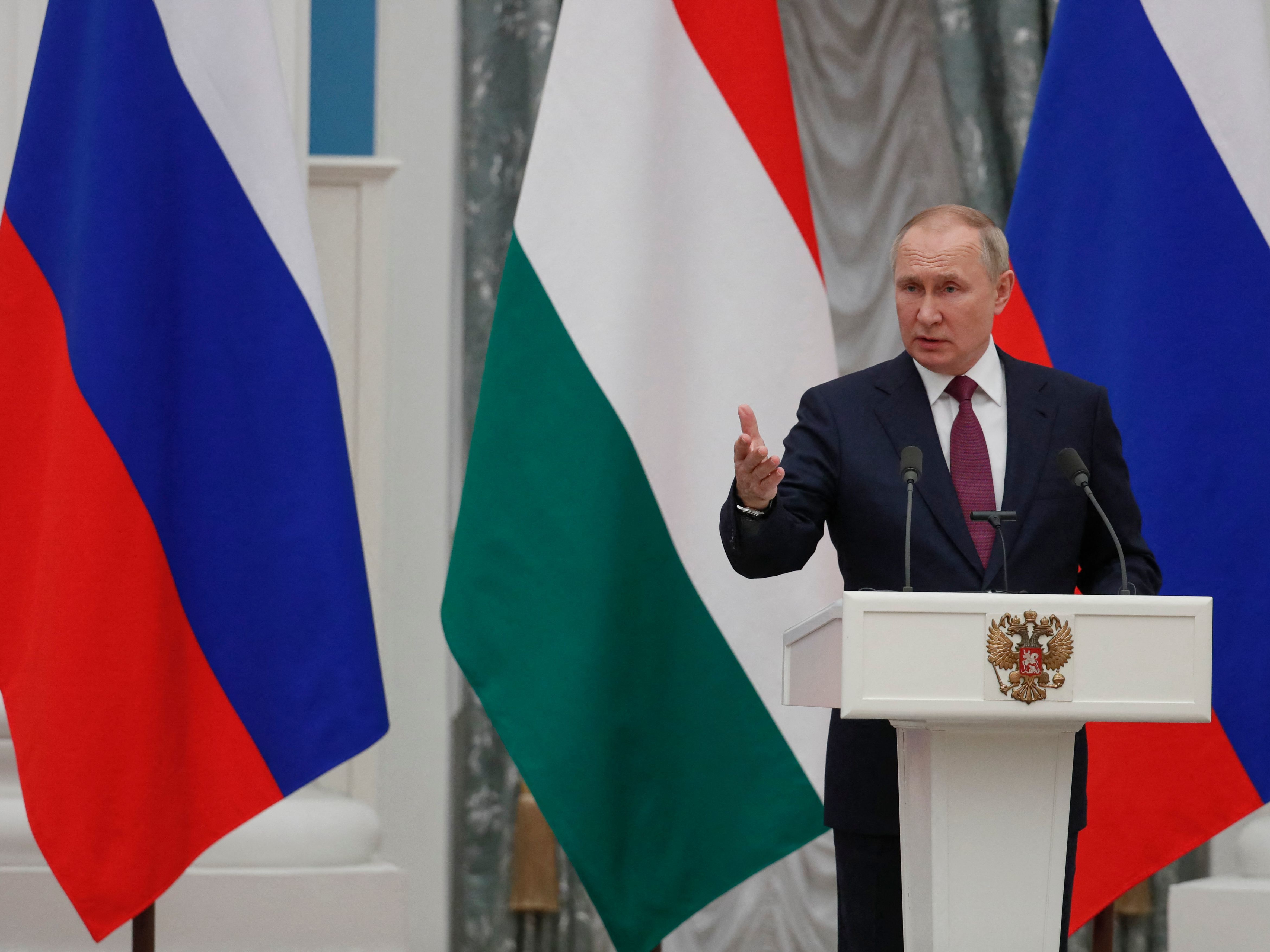 Russian President Vladimir Putin talks during a press conference with Hungarian Prime Minister Viktor Orban after their meeting at the Kremlin in Moscow on Tuesday. (POOL/AFP via Getty Images)