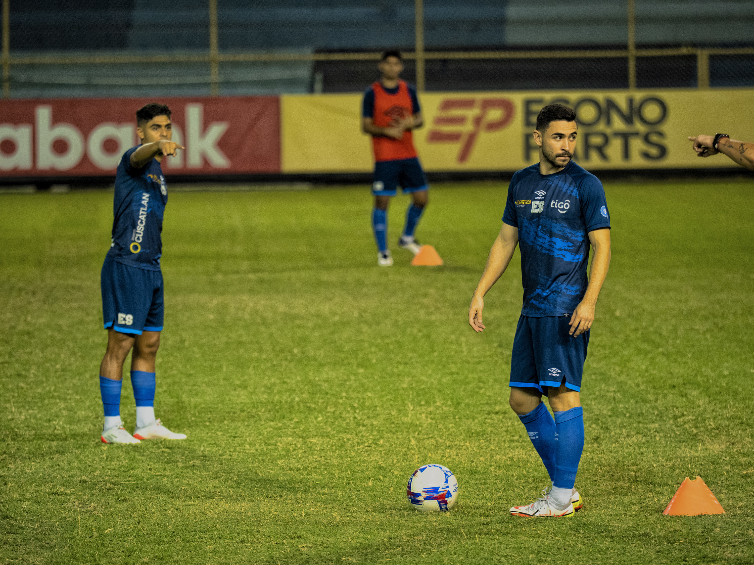 Alex Roldan (right), captain of the Salvadoran men's national soccer team, during practice at the Cuscatlán Stadium in San Salvador, El Salvador, on Tuesday, where they will play against Canada on Wednesday. The game is part of the Americas regions' CONCACAF qualifying matches for the 2022 World Cup in Qatar. (Juan Carlos for NPR)