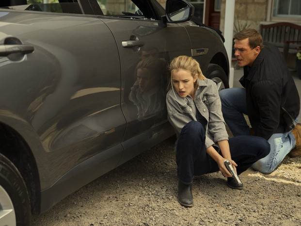 Willa Fitzgerald and Alan Ritchson are on the hunt for justice in <em>Reacher</em>. (Shane Mahood/Amazon Prime Video)