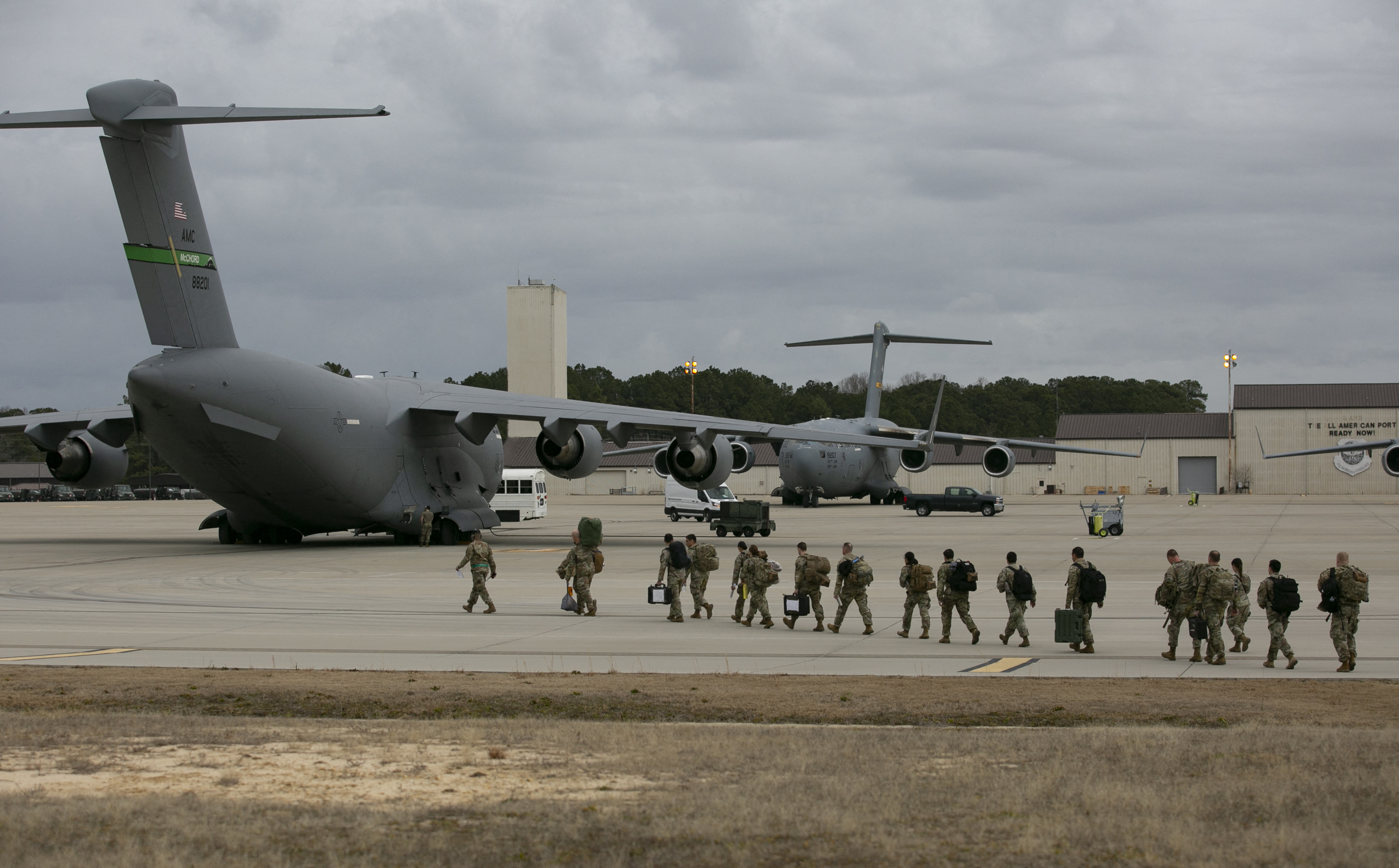 U.S. troops depart Fort Bragg, N.C., Thursday for deployment in Europe as part of the U.S. response to the tensions around Ukraine. (AFP via Getty Images)