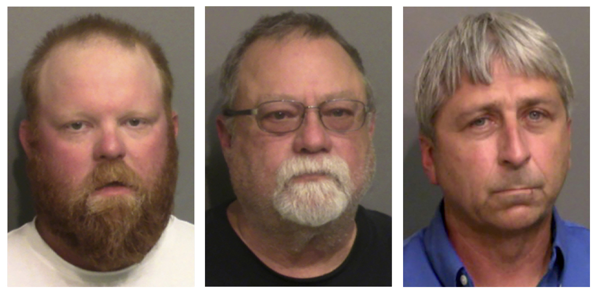 This combo of booking photos provided by the Glynn County, Ga., Detention Center, shows, from left, Travis McMichael, his father Gregory McMichael, and William "Roddie" Bryan Jr.