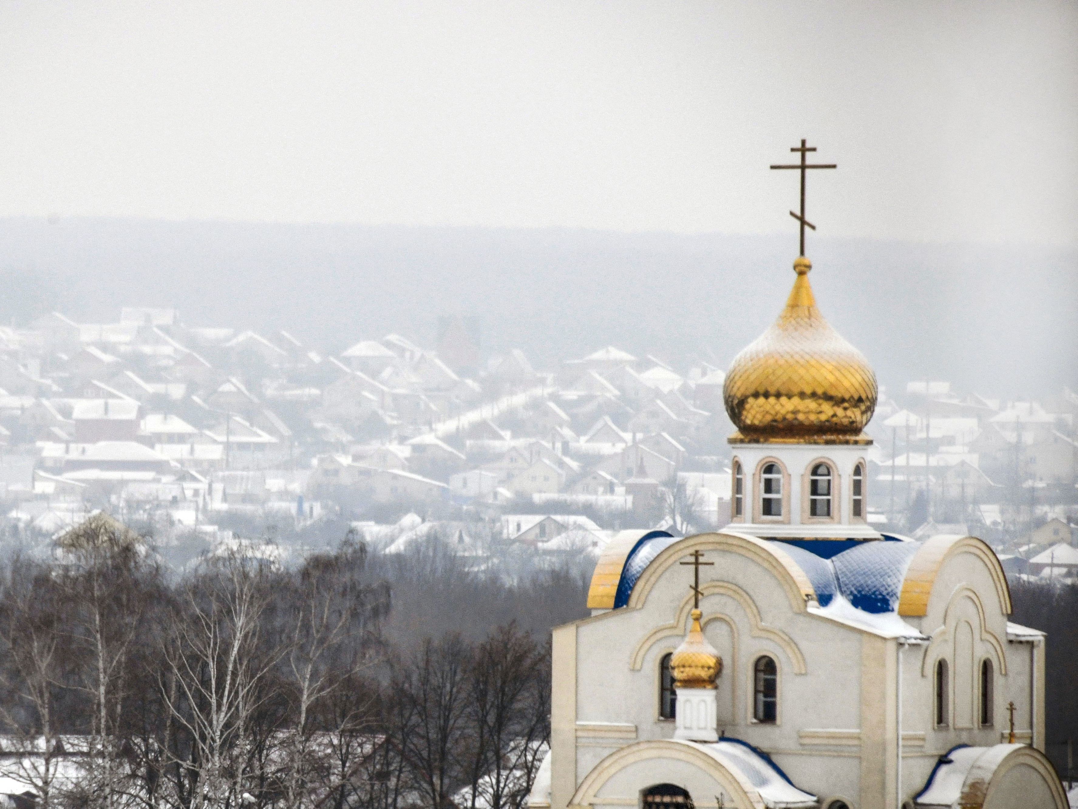 A church is seen in the Russian village of Shebekino outside Belgorod, a few miles from the Ukrainian border, on Jan. 27, 2022. (AFP via Getty Images)