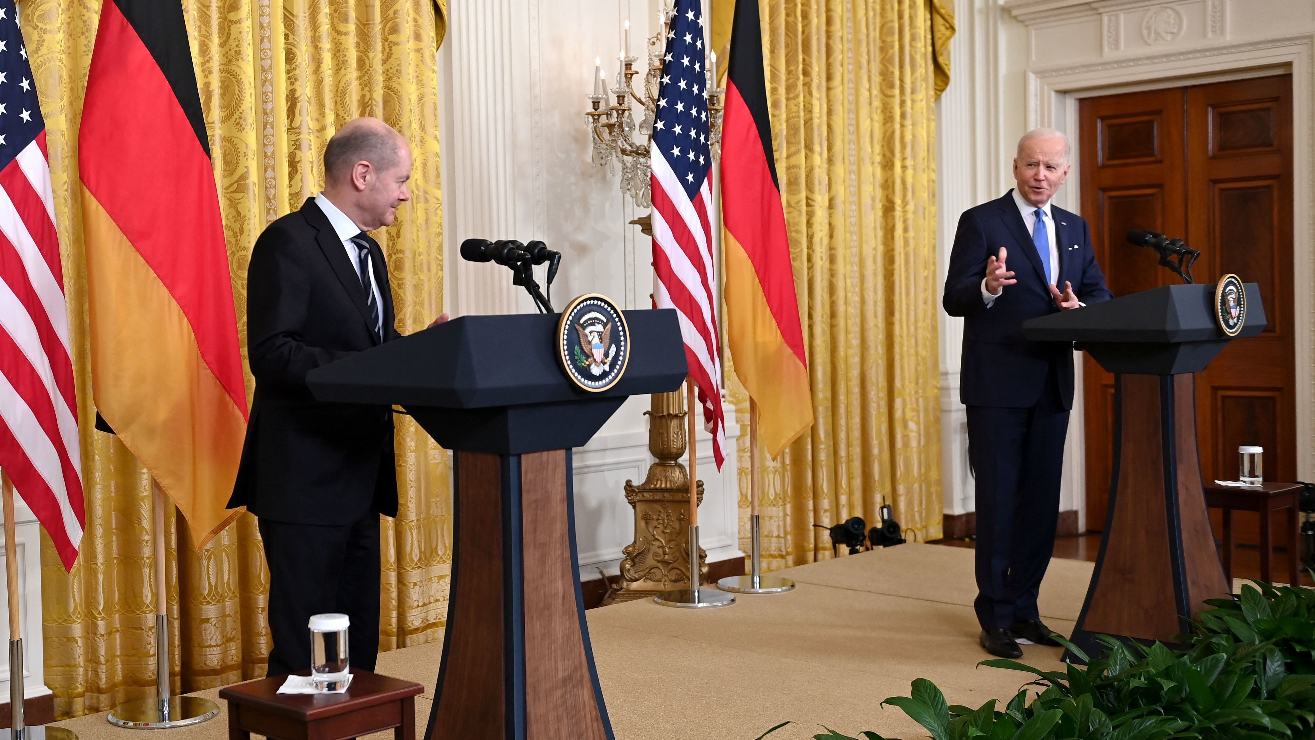 President Biden speaks during a joint news conference with German Chancellor Olaf Scholz at the White House on Monday. (AFP via Getty Images)