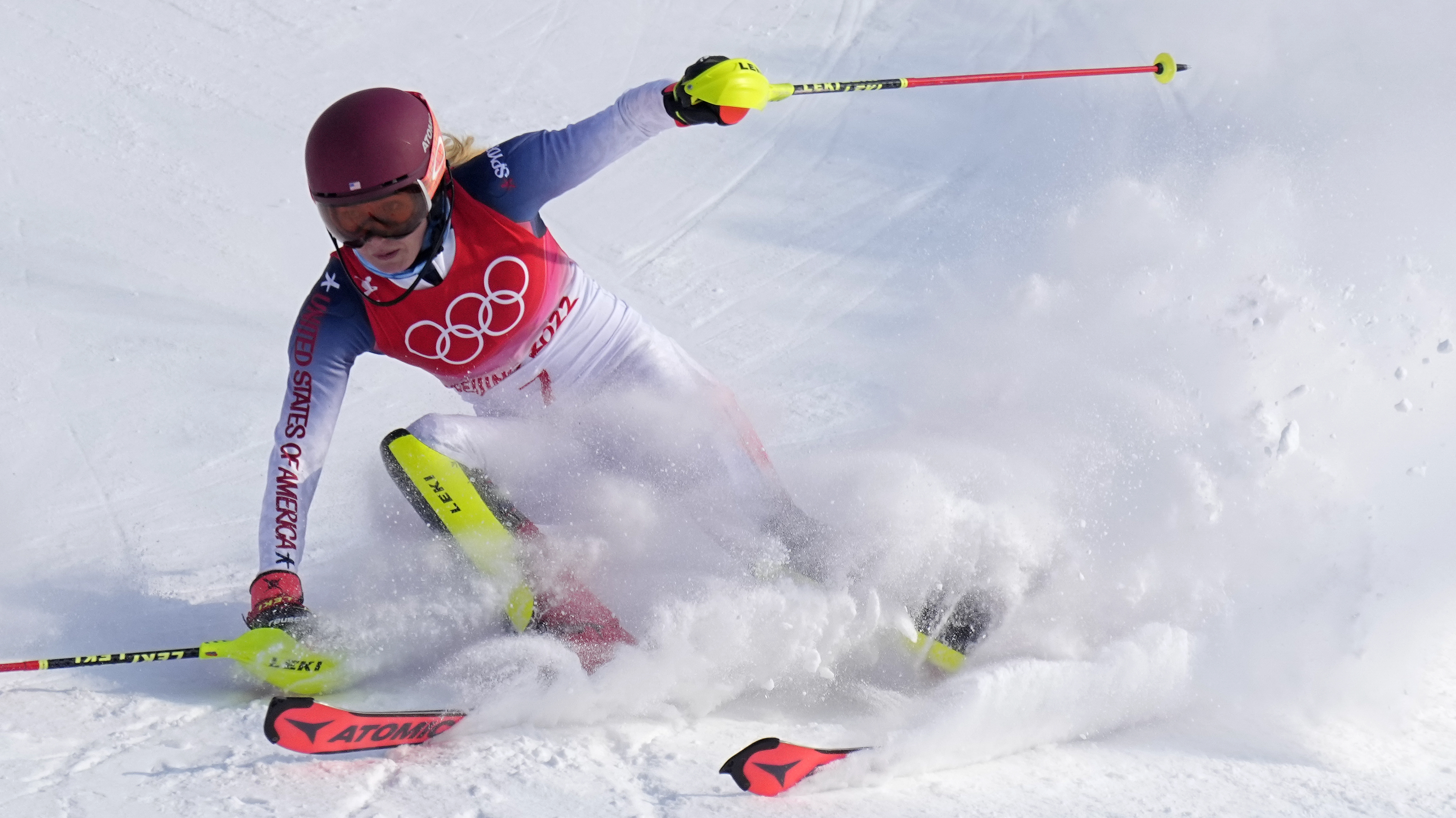 Three-time Olympic medalist Mikaela Shiffrin skis out in the first run of the women