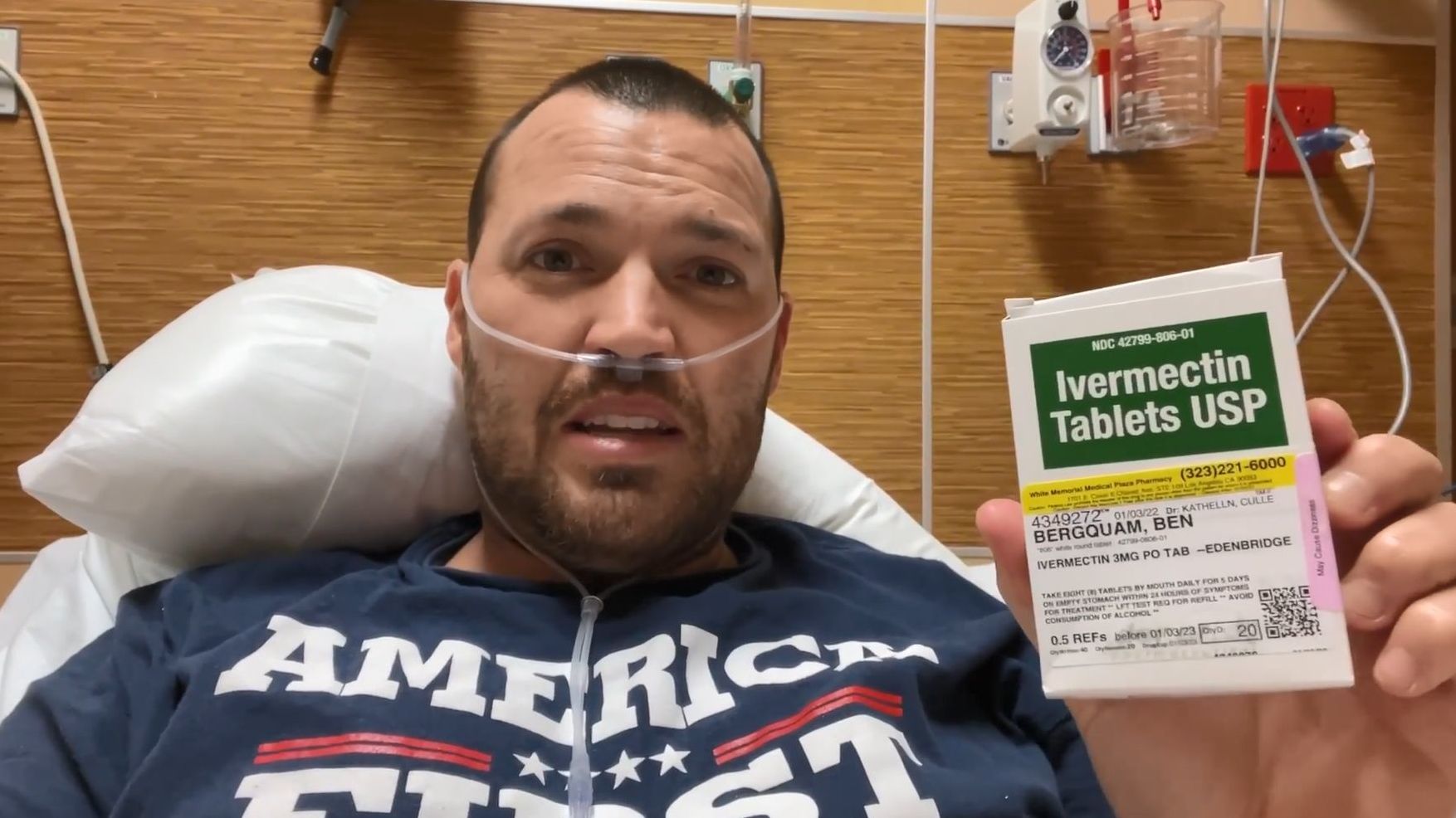 Ben Bergquam was hospitalized with COVID in January. He says he brought his own prescription for ivermectin — an unproven COVID therapy. (Facebook)