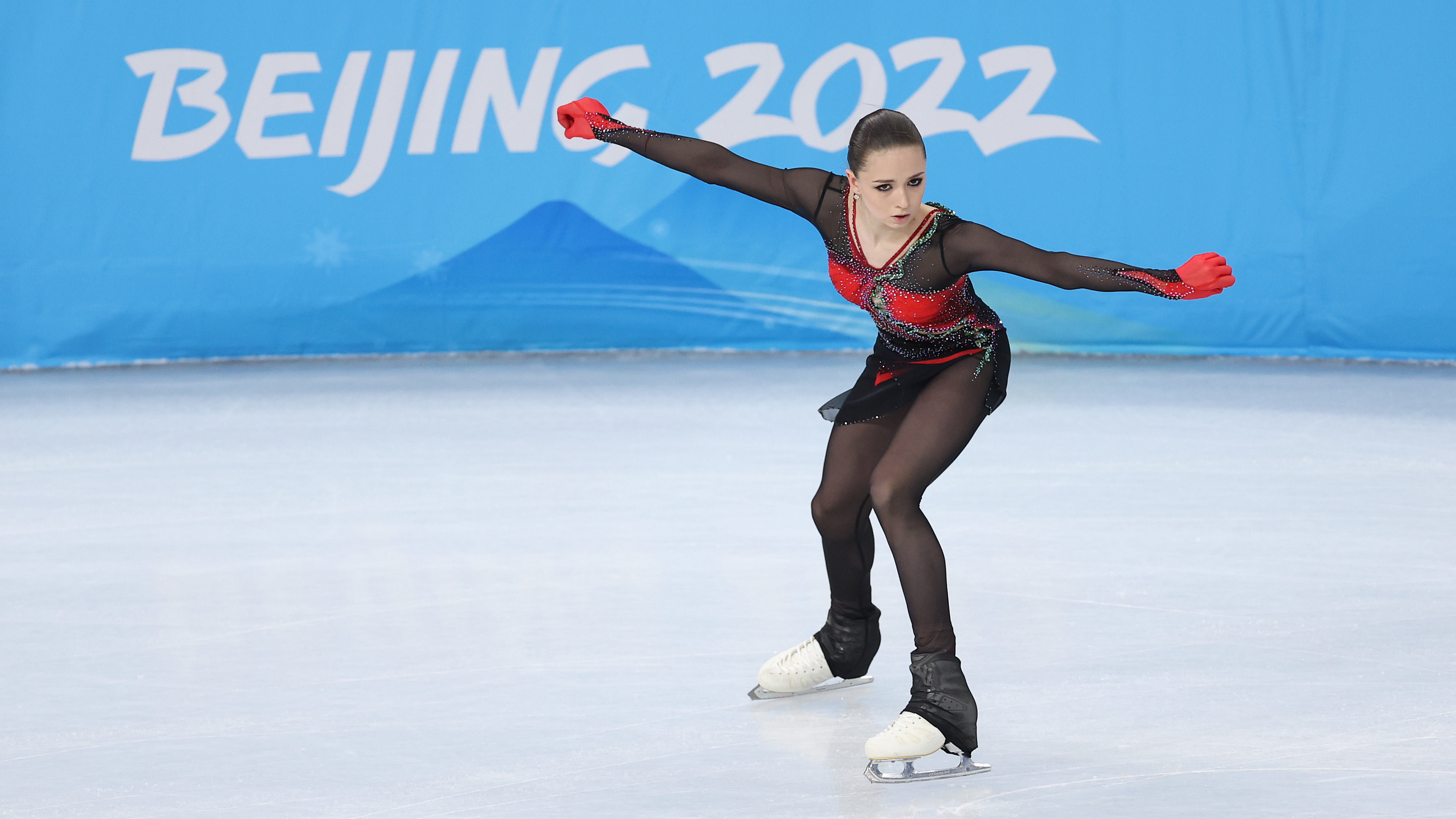 Kamila Valieva of the Russia Olympic Committee performs her history-making routine at the figure skating team event earlier this week. (Getty Images)