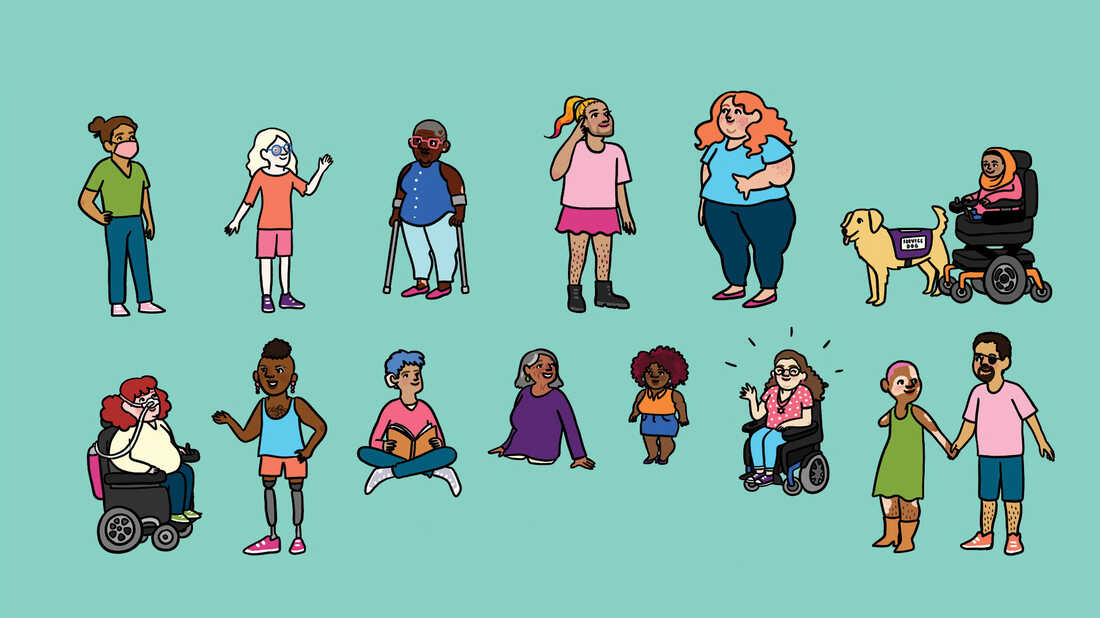 A colorful illustration of 14 individuals who have different disabilities on an aqua-colored background.