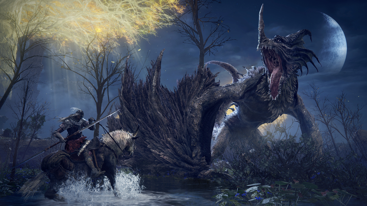 A confrontation with a dragon in 'Elden Ring.'